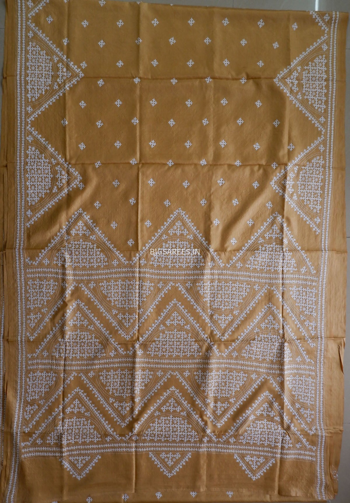 Kutchi/Gujarati Stitch Hand Embroidered Saree | Art Silk | Sand
