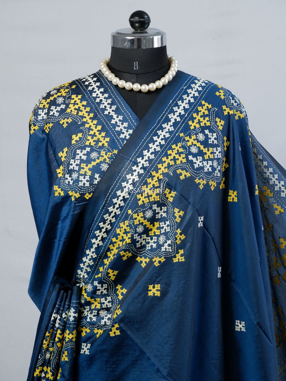 Kutchi/Gujarati Stitch Hand Embroidered Saree | Art Silk | Cobalt blue