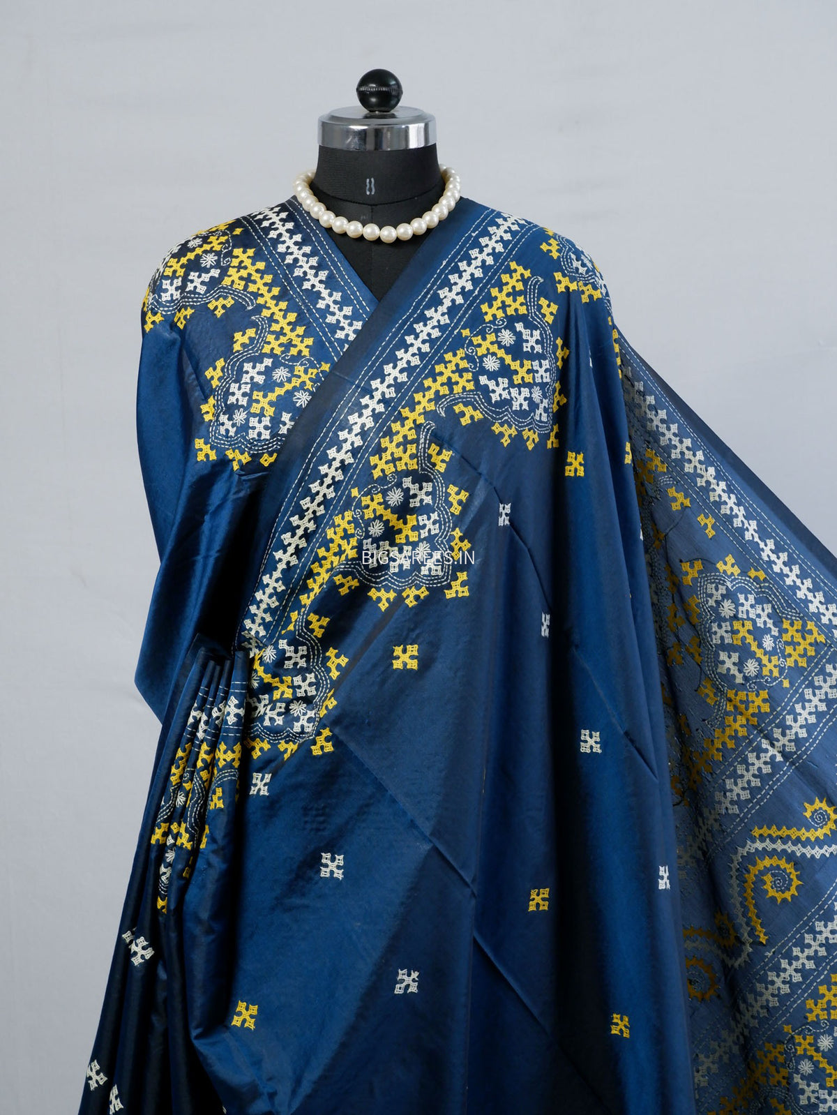 Kutchi/Gujarati Stitch Hand Embroidered Saree | Art Silk | Cobalt blue