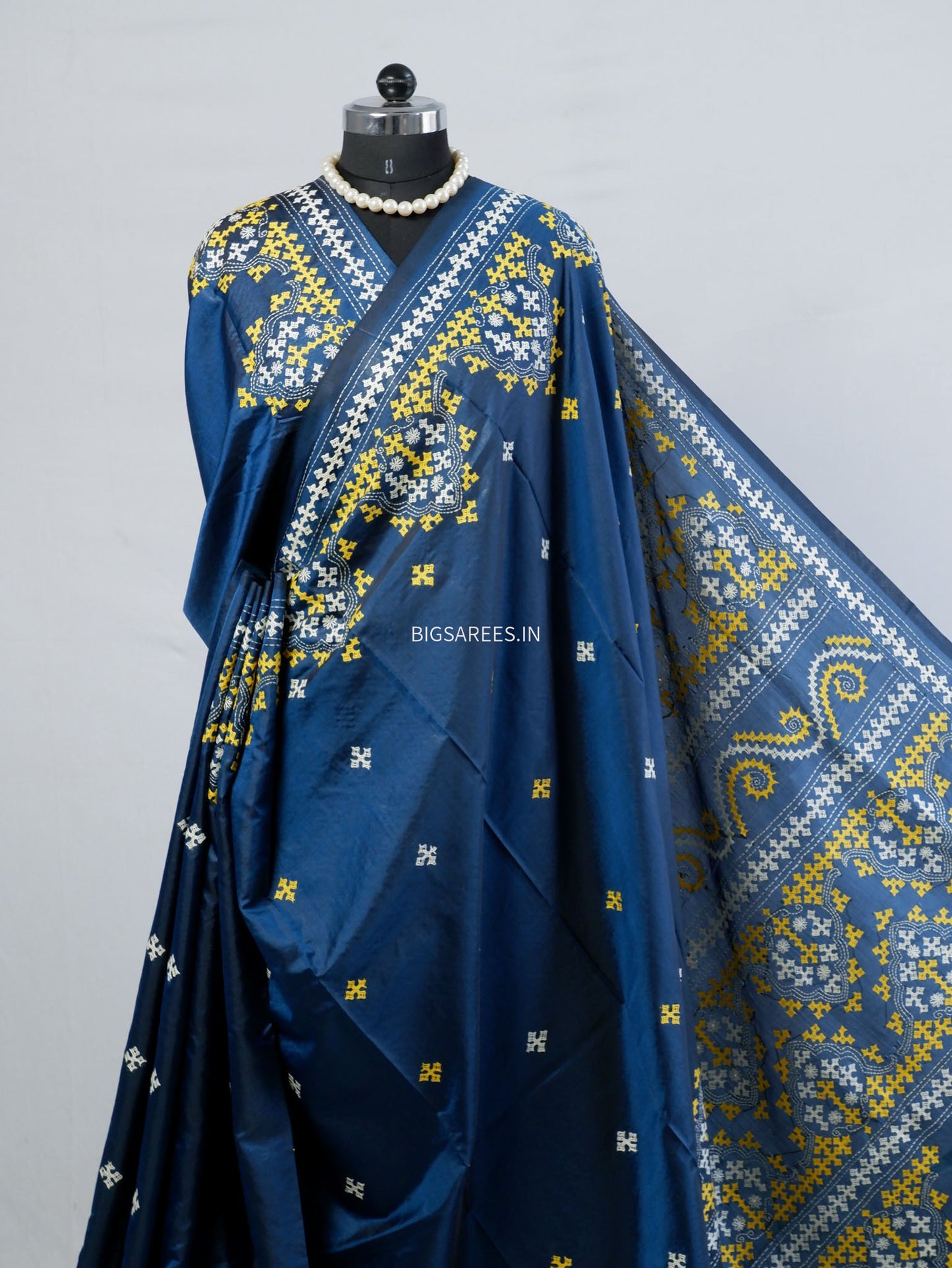 Kutchi/Gujarati Stitch Hand Embroidered Saree | Art Silk | Cobalt blue