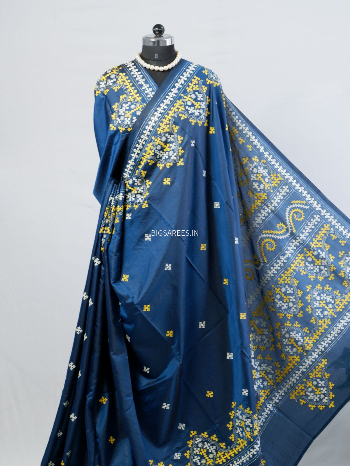 Kutchi/Gujarati Stitch Hand Embroidered Saree | Art Silk | Cobalt blue