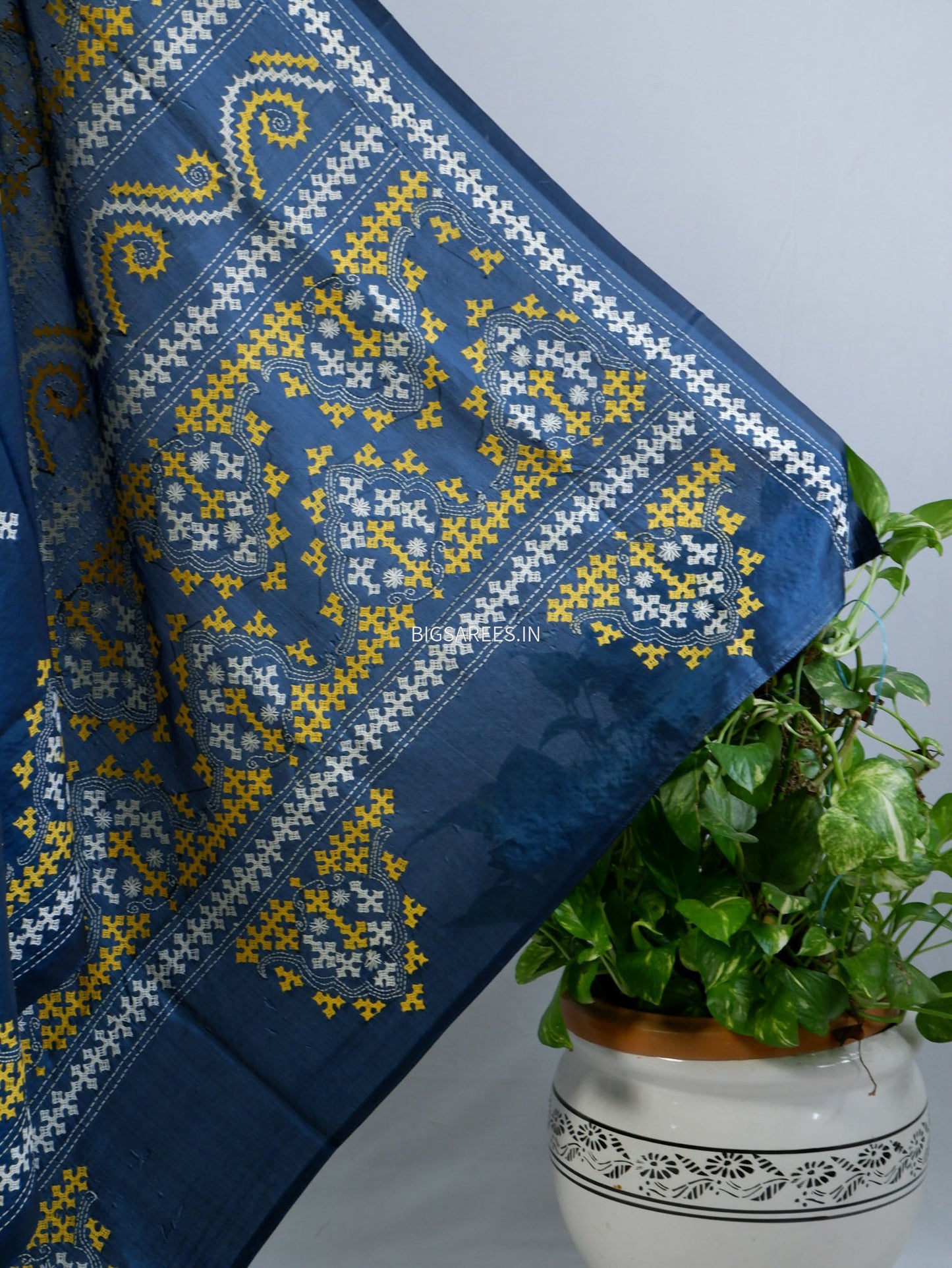 Kutchi/Gujarati Stitch Hand Embroidered Saree | Art Silk | Cobalt blue