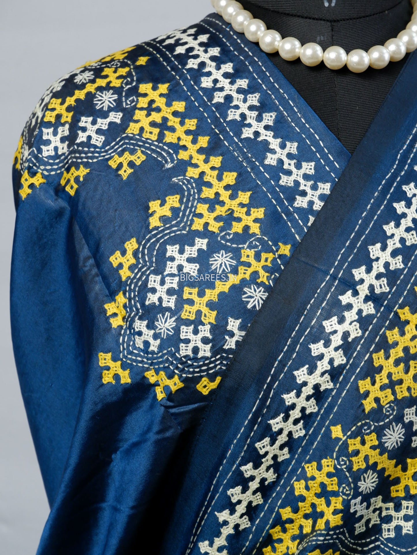 Kutchi/Gujarati Stitch Hand Embroidered Saree | Art Silk | Cobalt blue