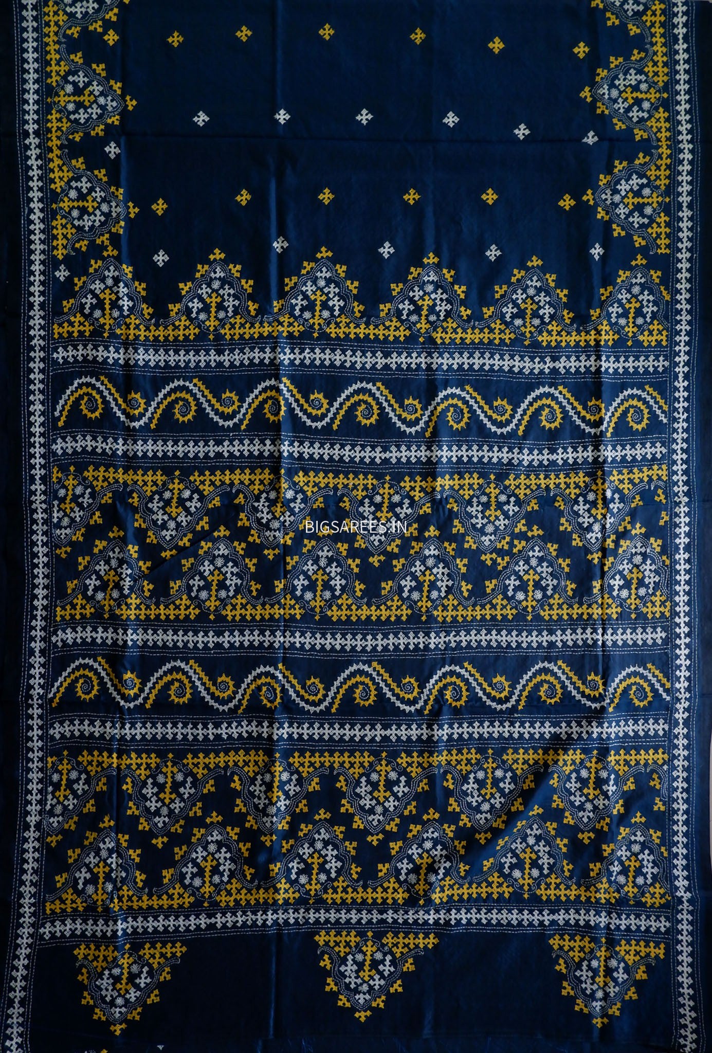 Kutchi/Gujarati Stitch Hand Embroidered Saree | Art Silk | Cobalt blue