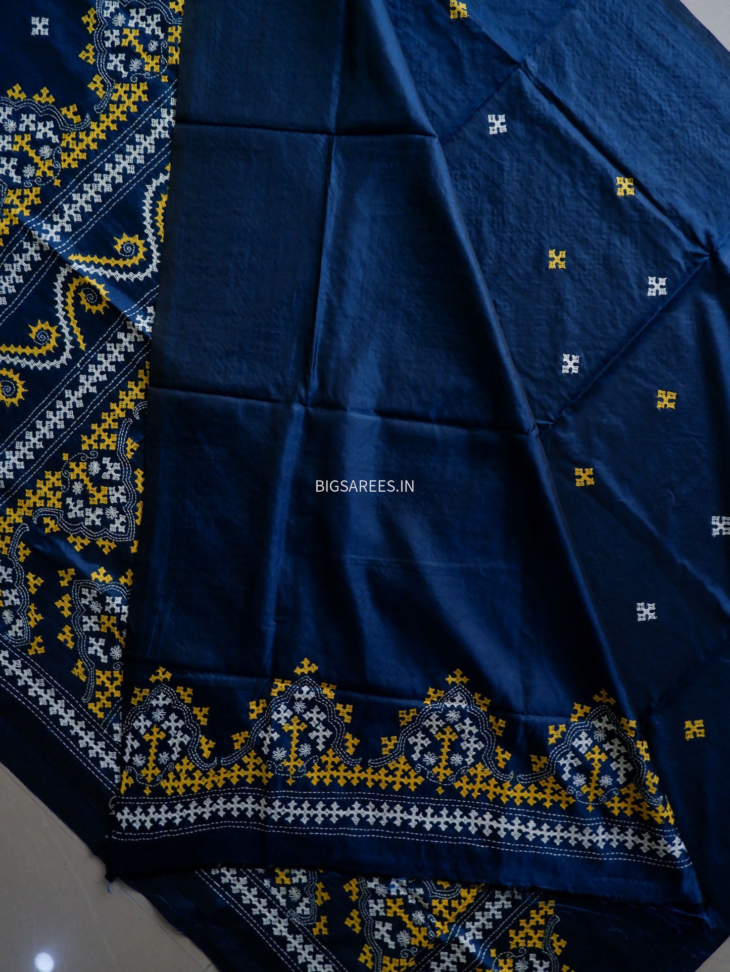 Kutchi/Gujarati Stitch Hand Embroidered Saree | Art Silk | Cobalt blue