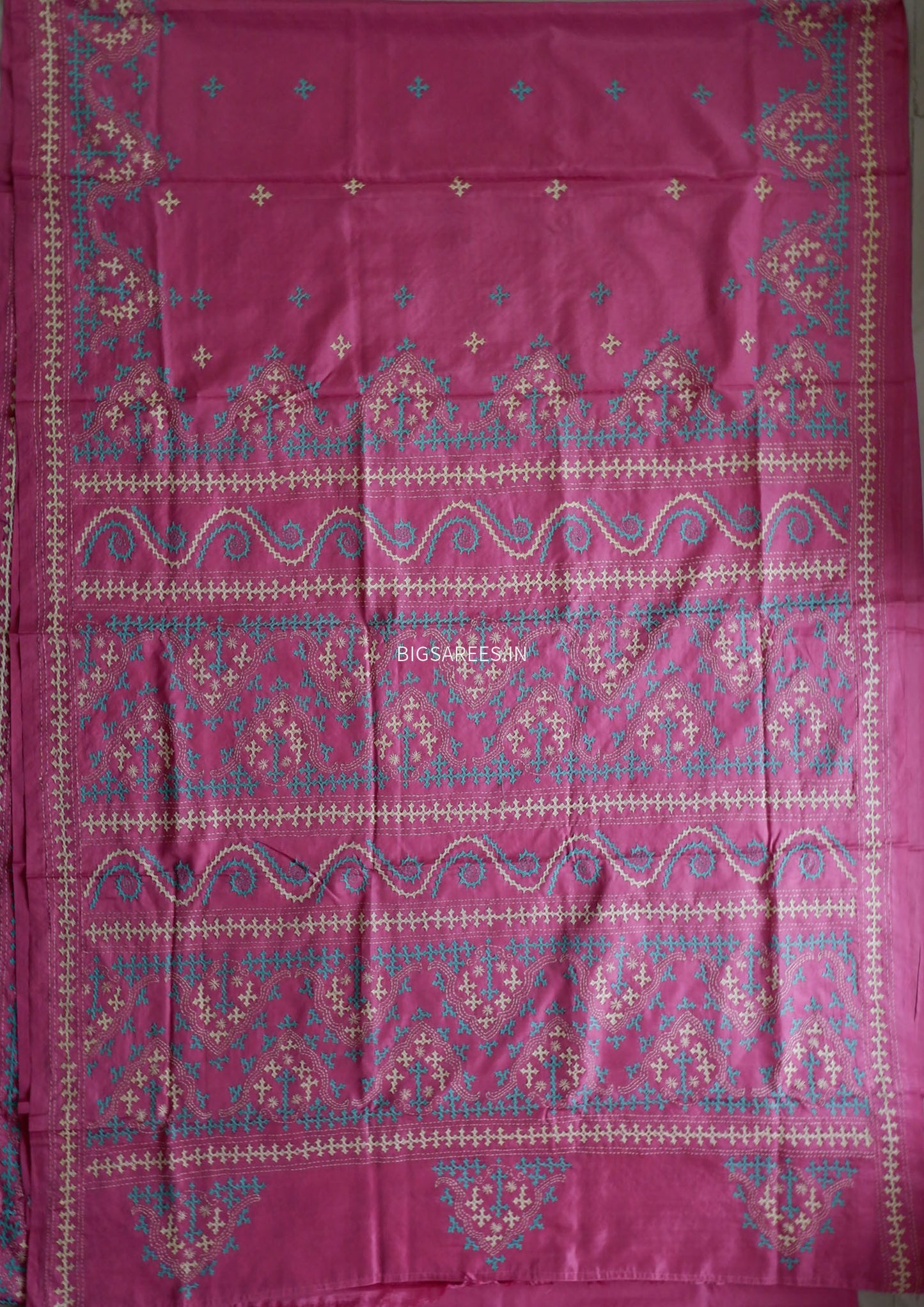 Kutchi/Gujarati Hand Embroidered Saree  | Blended Bangalore Silk / Art Silk | Pink