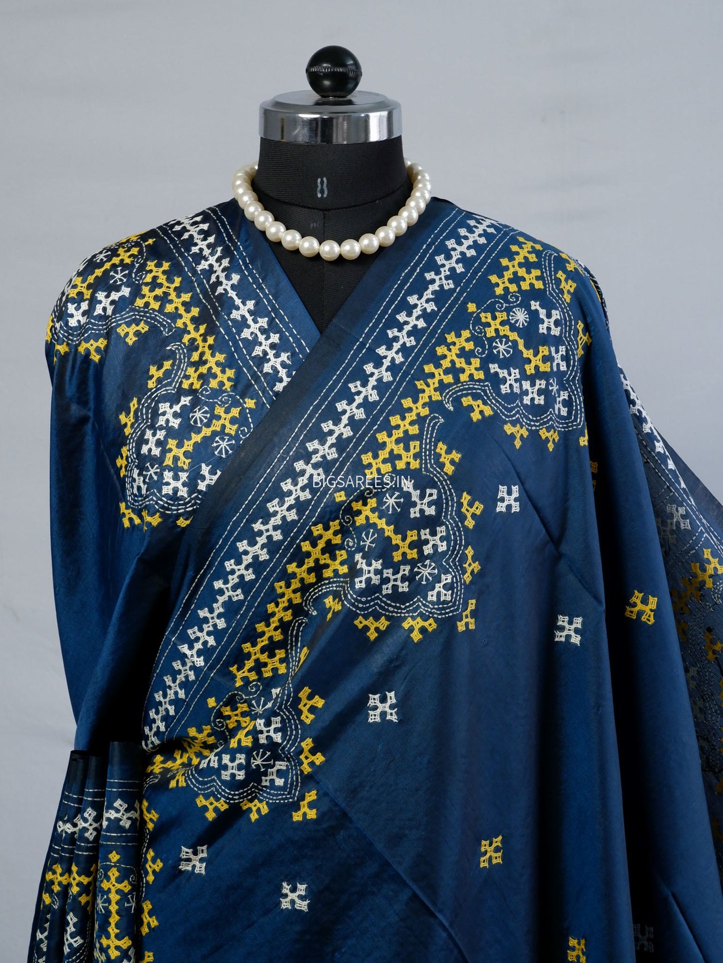 Kutchi/Gujarati Stitch Hand Embroidered Saree | Art Silk | Cobalt blue