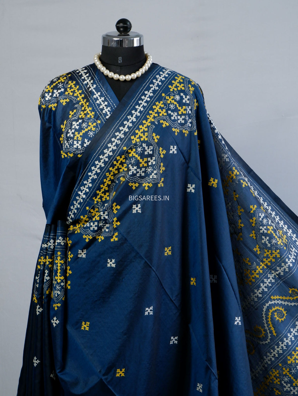Kutchi/Gujarati Stitch Hand Embroidered Saree | Art Silk | Cobalt blue