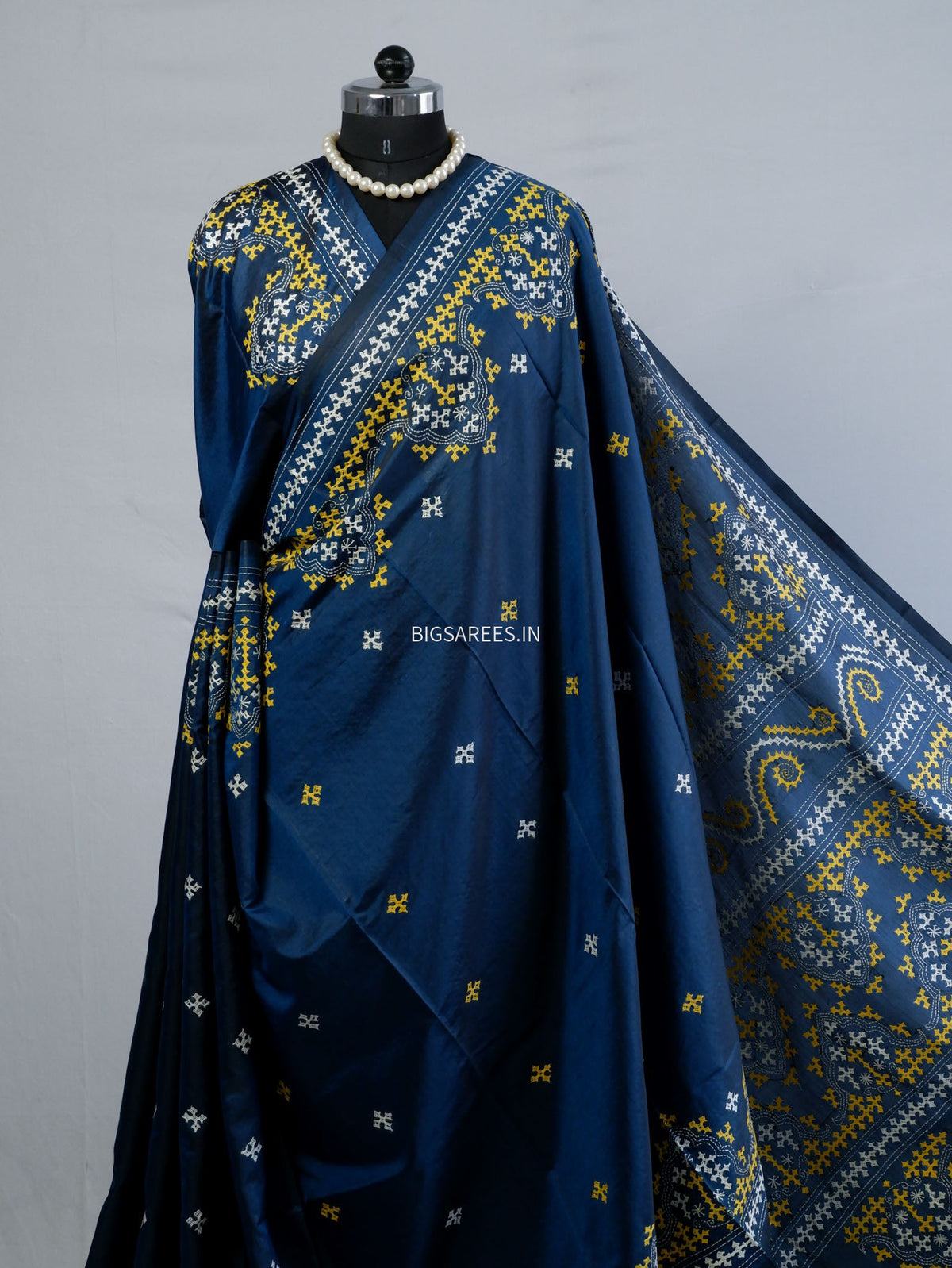 Kutchi/Gujarati Stitch Hand Embroidered Saree | Art Silk | Cobalt blue