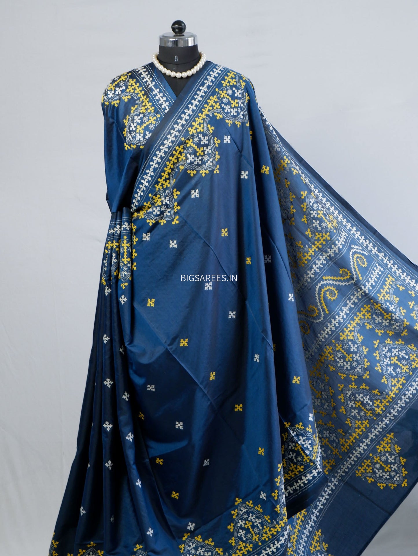 Kutchi/Gujarati Stitch Hand Embroidered Saree | Art Silk | Cobalt blue