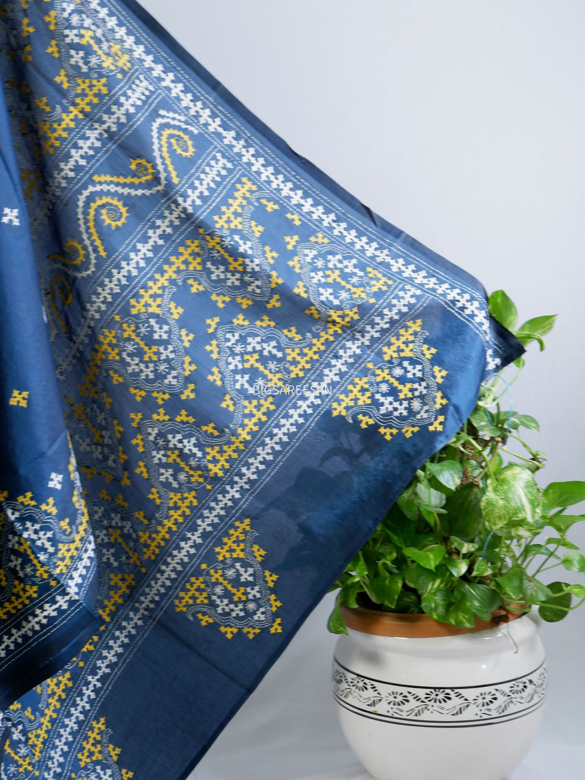 Kutchi/Gujarati Stitch Hand Embroidered Saree | Art Silk | Cobalt blue