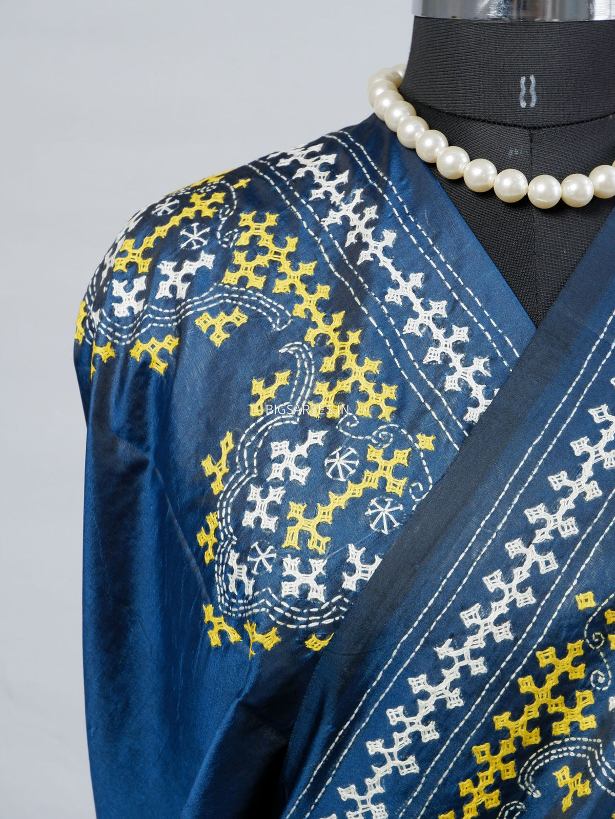 Kutchi/Gujarati Stitch Hand Embroidered Saree | Art Silk | Cobalt blue
