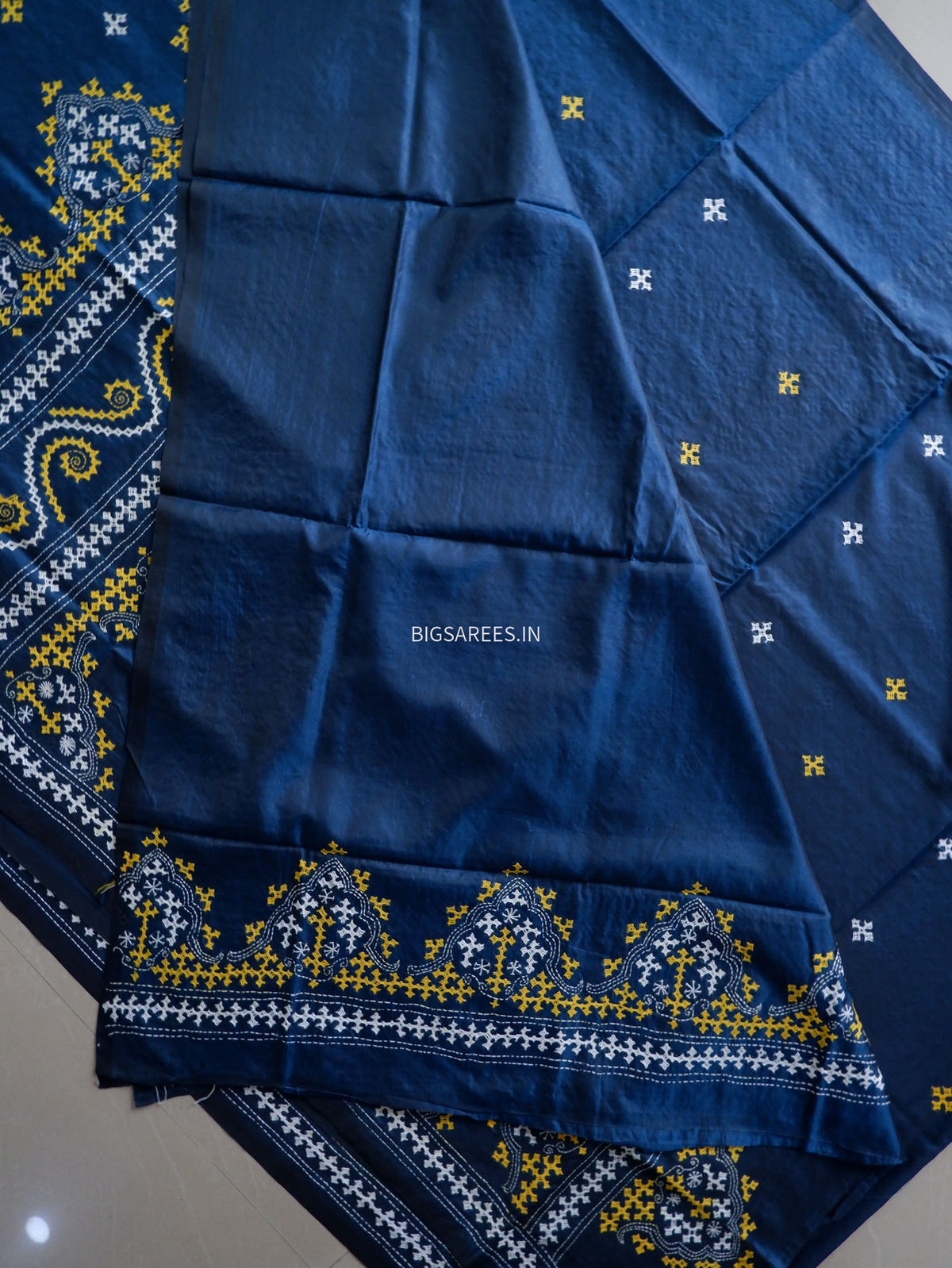 Kutchi/Gujarati Stitch Hand Embroidered Saree | Art Silk | Cobalt blue