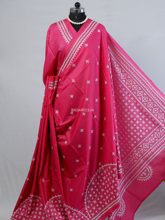 Kutchi/Gujarati Stitch Hand Embroidered Saree | Art Silk | Pink