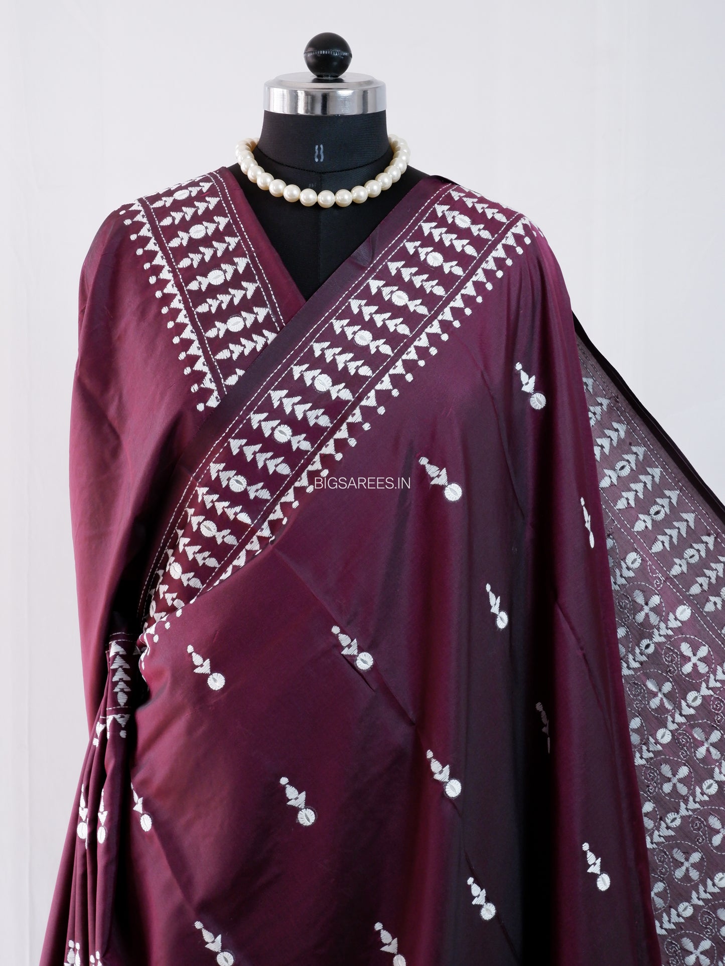 Kantha Stitch Hand Embroidered Saree | Blended Bangalore Silk / Art Silk | Wine Red