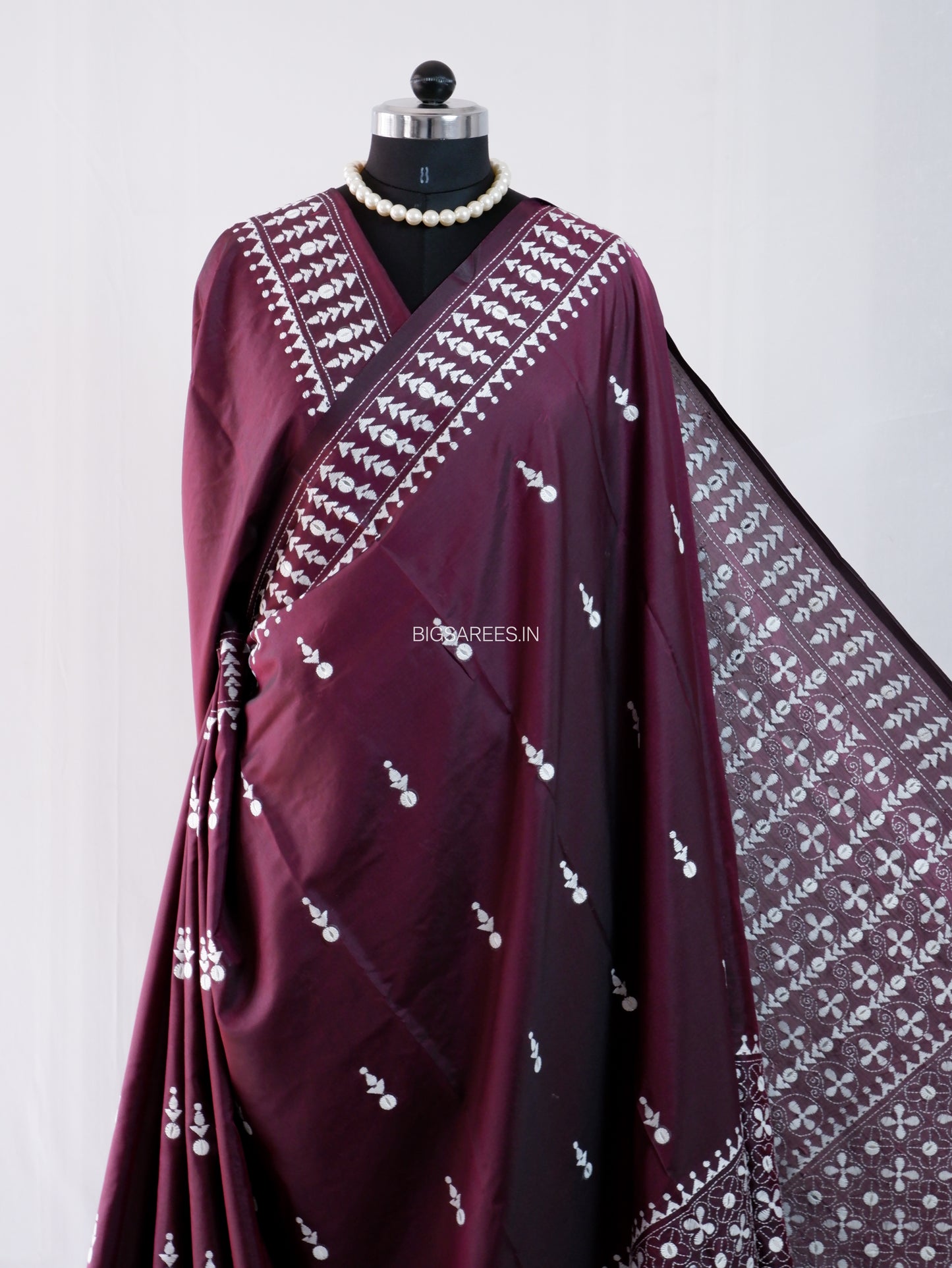 Kantha Stitch Hand Embroidered Saree | Blended Bangalore Silk / Art Silk | Wine Red