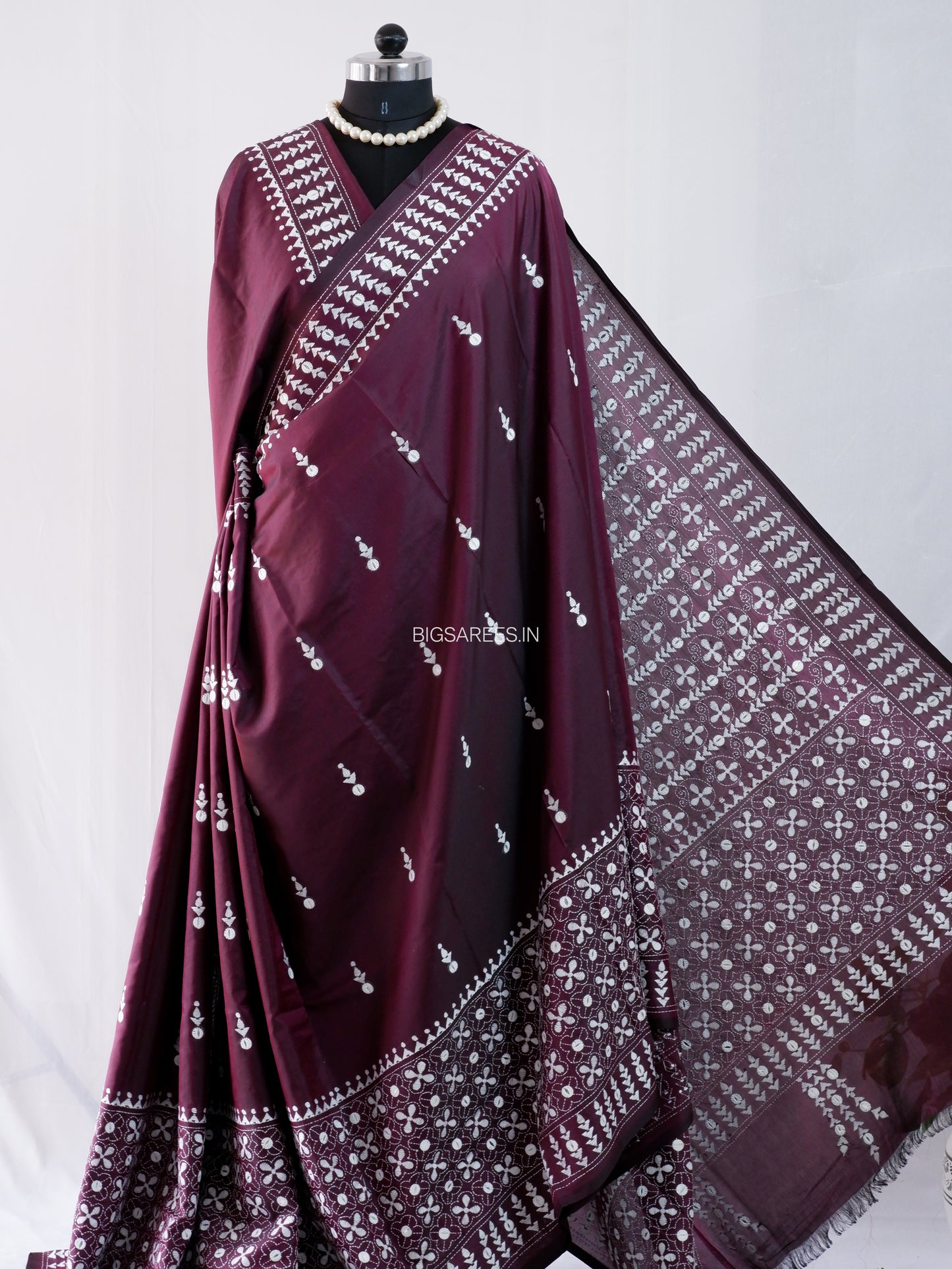 Kantha Stitch Hand Embroidered Saree | Blended Bangalore Silk / Art Silk | Wine Red