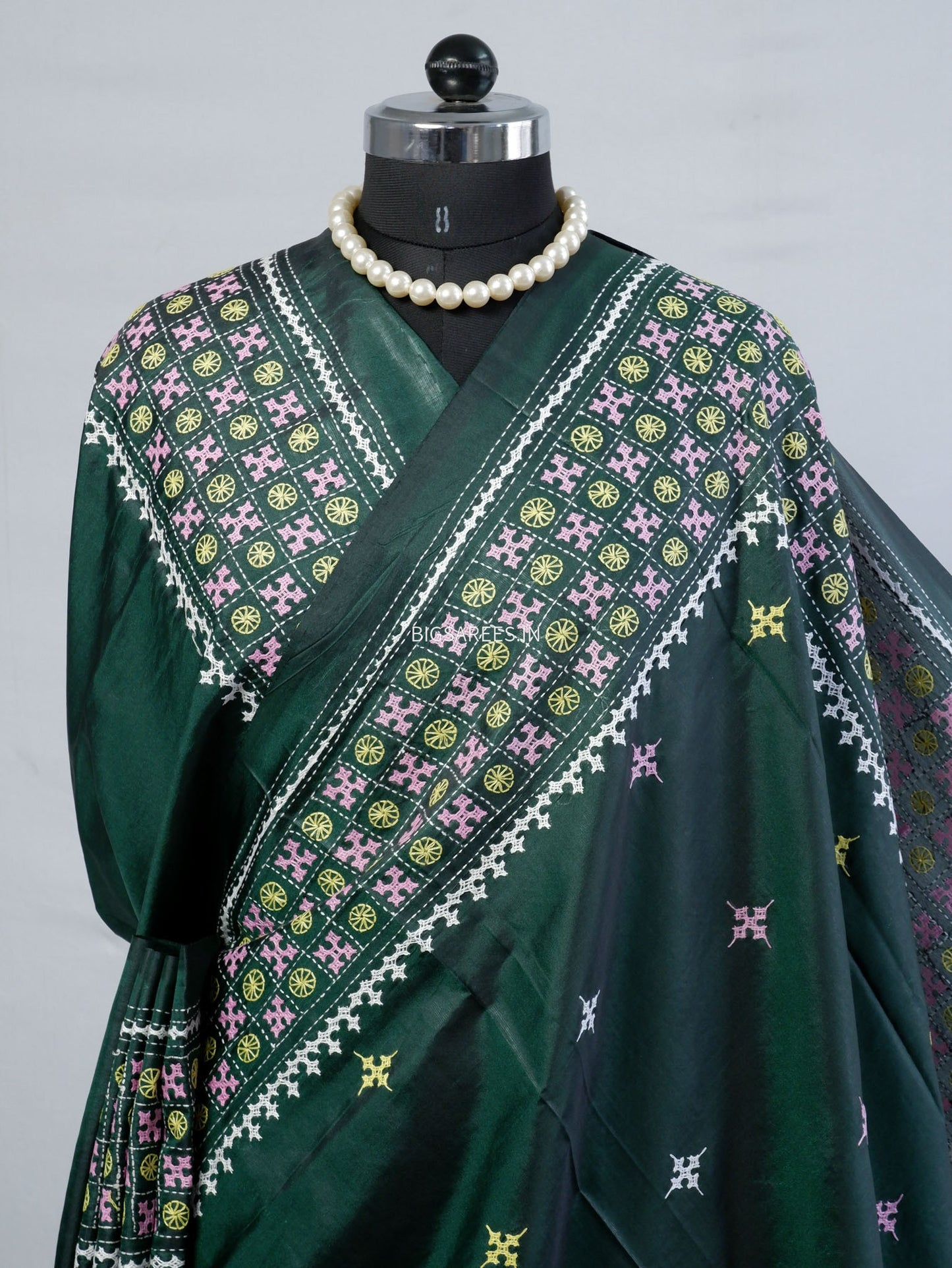 Kutchi/Gujarati Stitch Hand Embroidered Saree | Art Silk | Forest Green