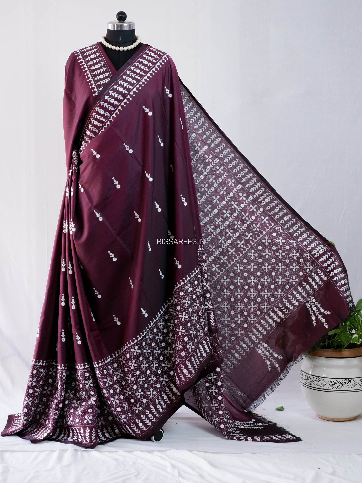 Kantha Stitch Hand Embroidered Saree | Blended Bangalore Silk / Art Silk | Wine Red