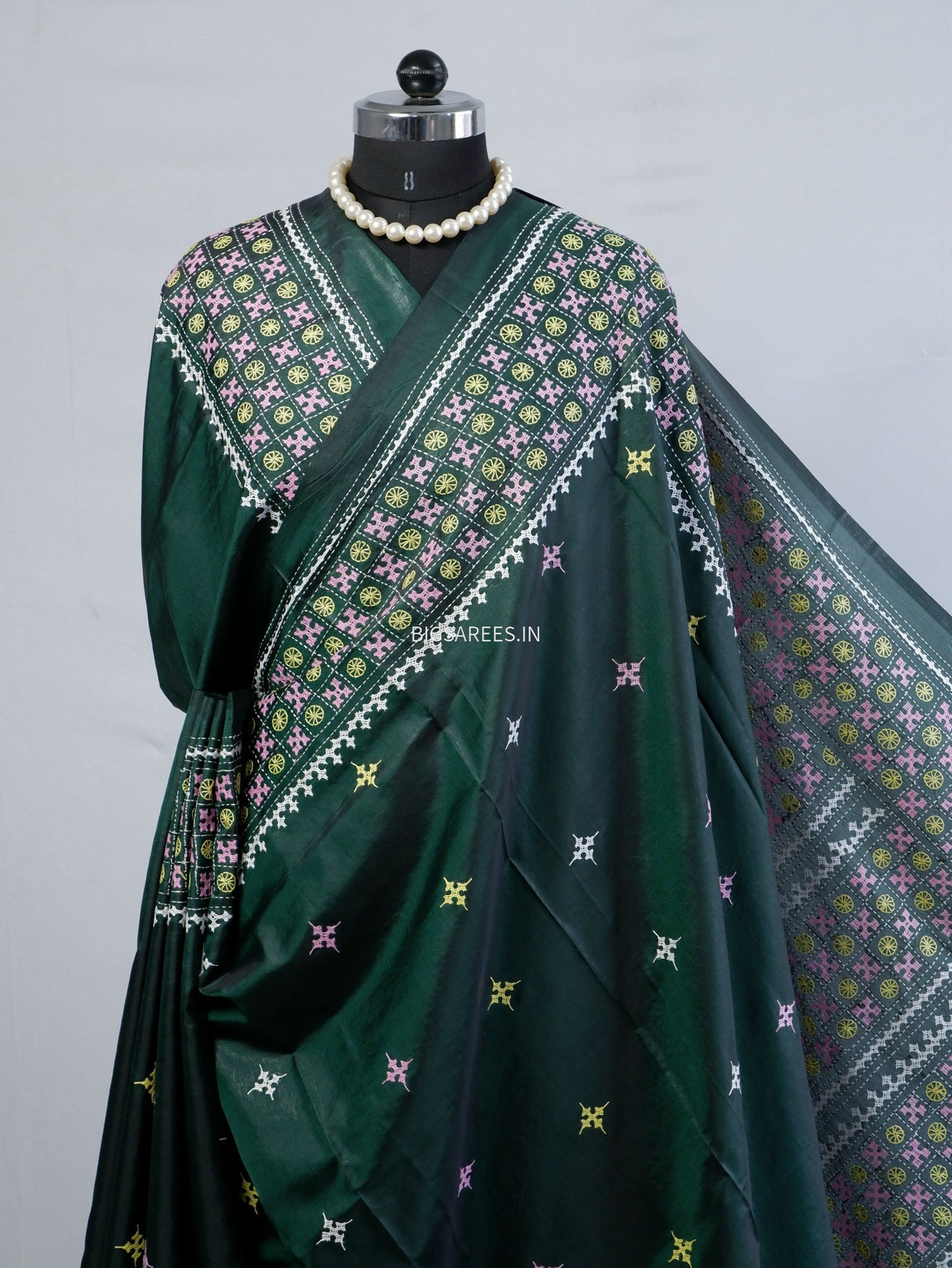 Kutchi/Gujarati Stitch Hand Embroidered Saree | Art Silk | Forest Green