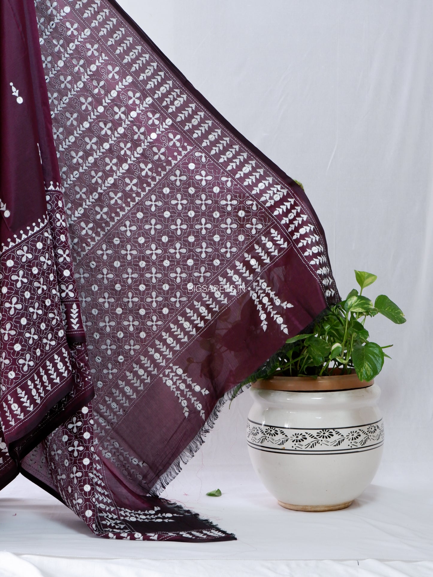 Kantha Stitch Hand Embroidered Saree | Blended Bangalore Silk / Art Silk | Wine Red