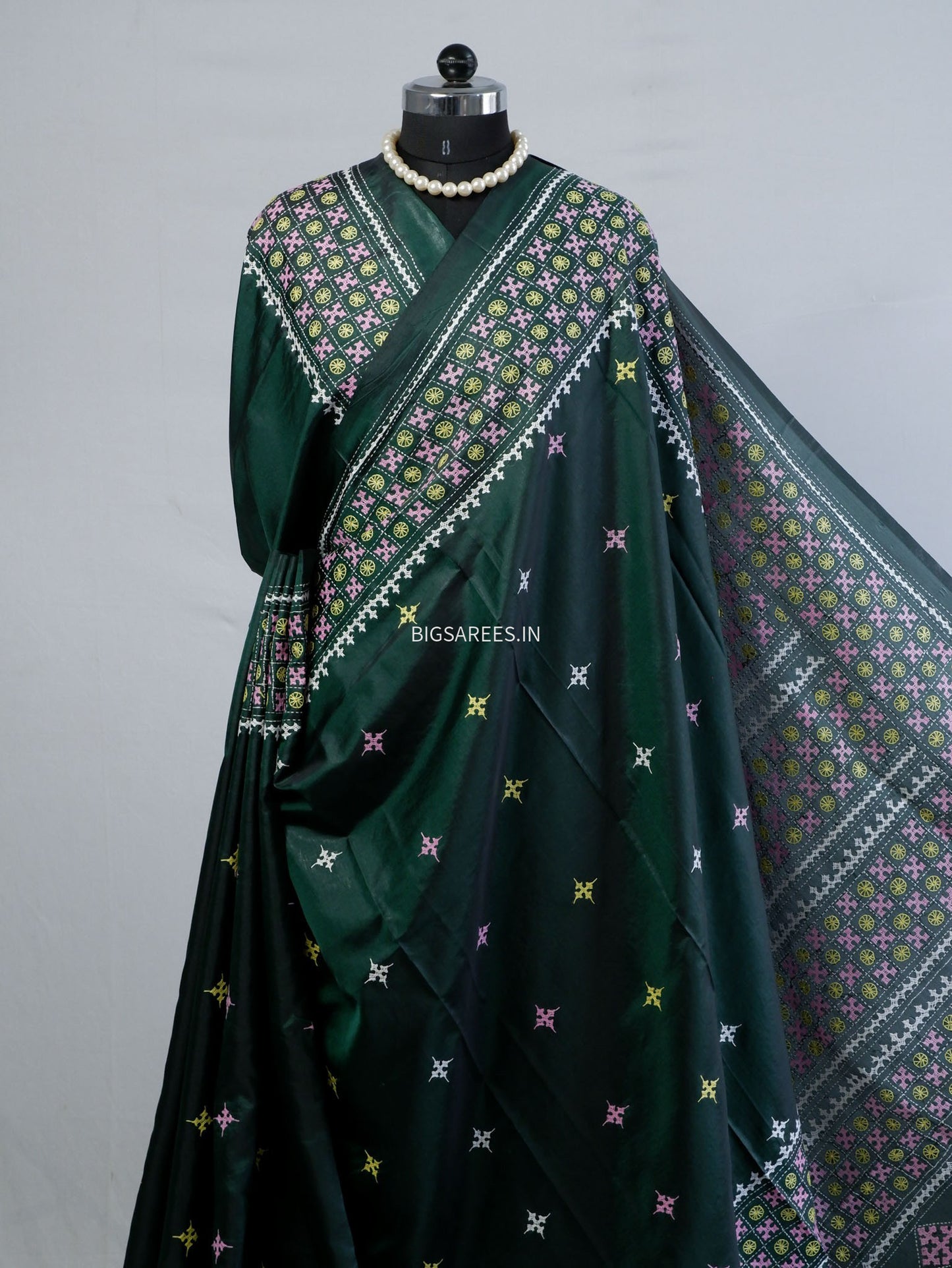 Kutchi/Gujarati Stitch Hand Embroidered Saree | Art Silk | Forest Green