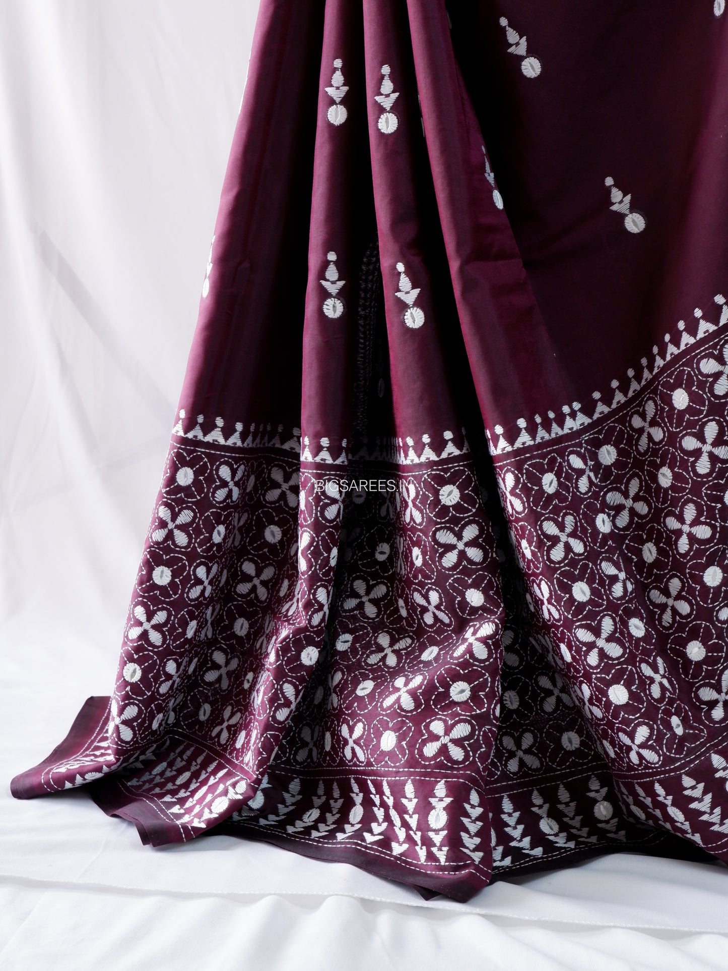 Kantha Stitch Hand Embroidered Saree | Blended Bangalore Silk / Art Silk | Wine Red