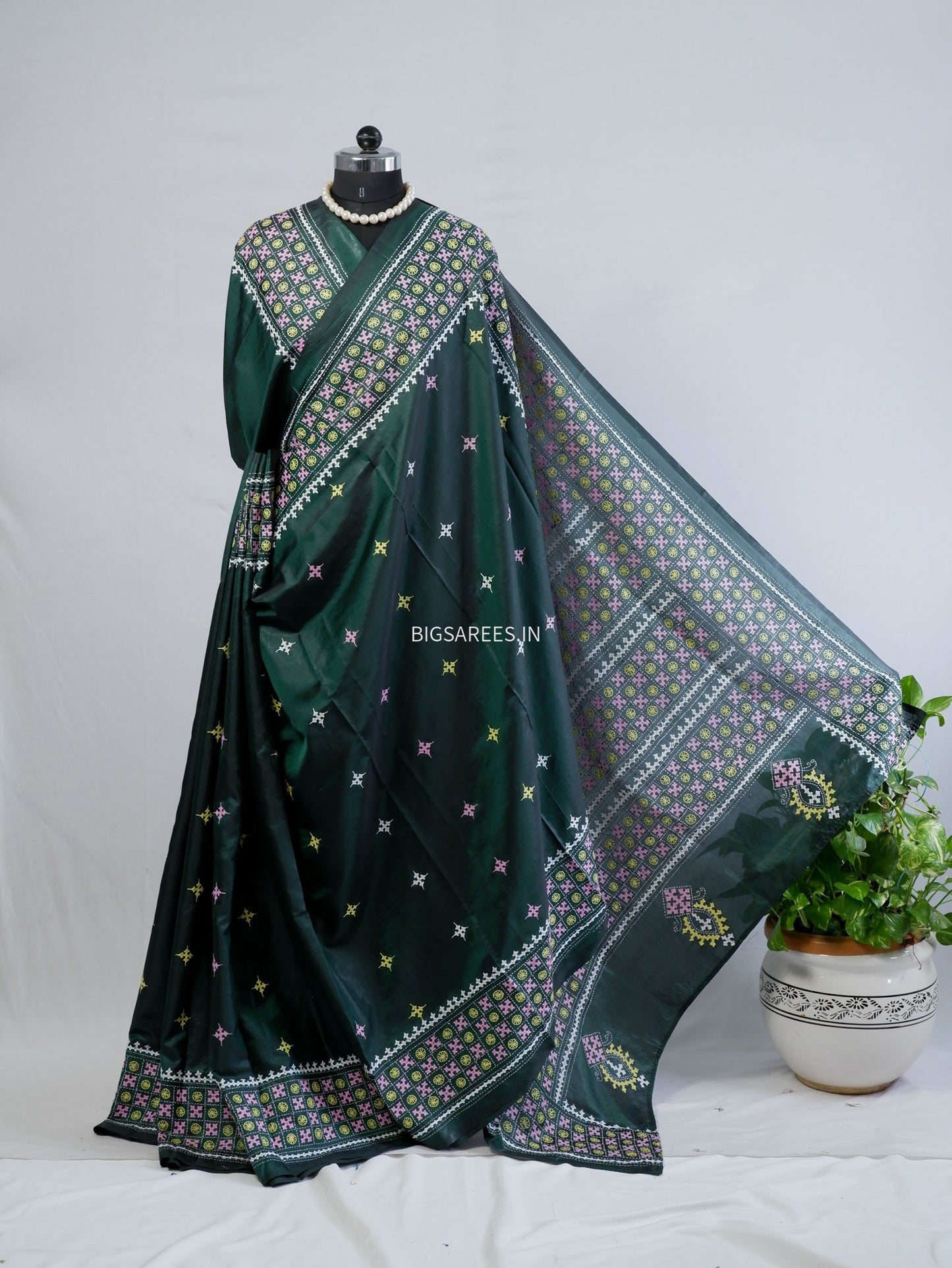 Kutchi/Gujarati Stitch Hand Embroidered Saree | Art Silk | Forest Green