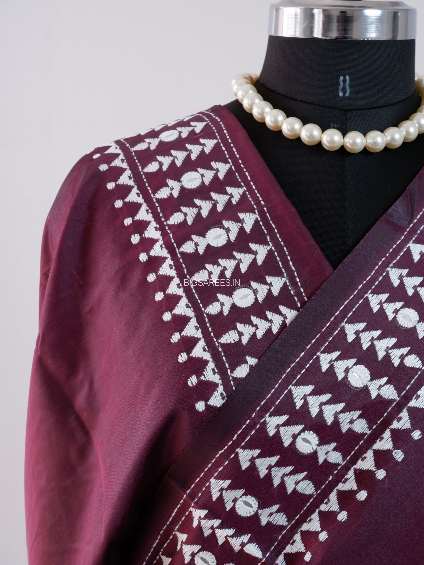 Kantha Stitch Hand Embroidered Saree | Blended Bangalore Silk / Art Silk | Wine Red