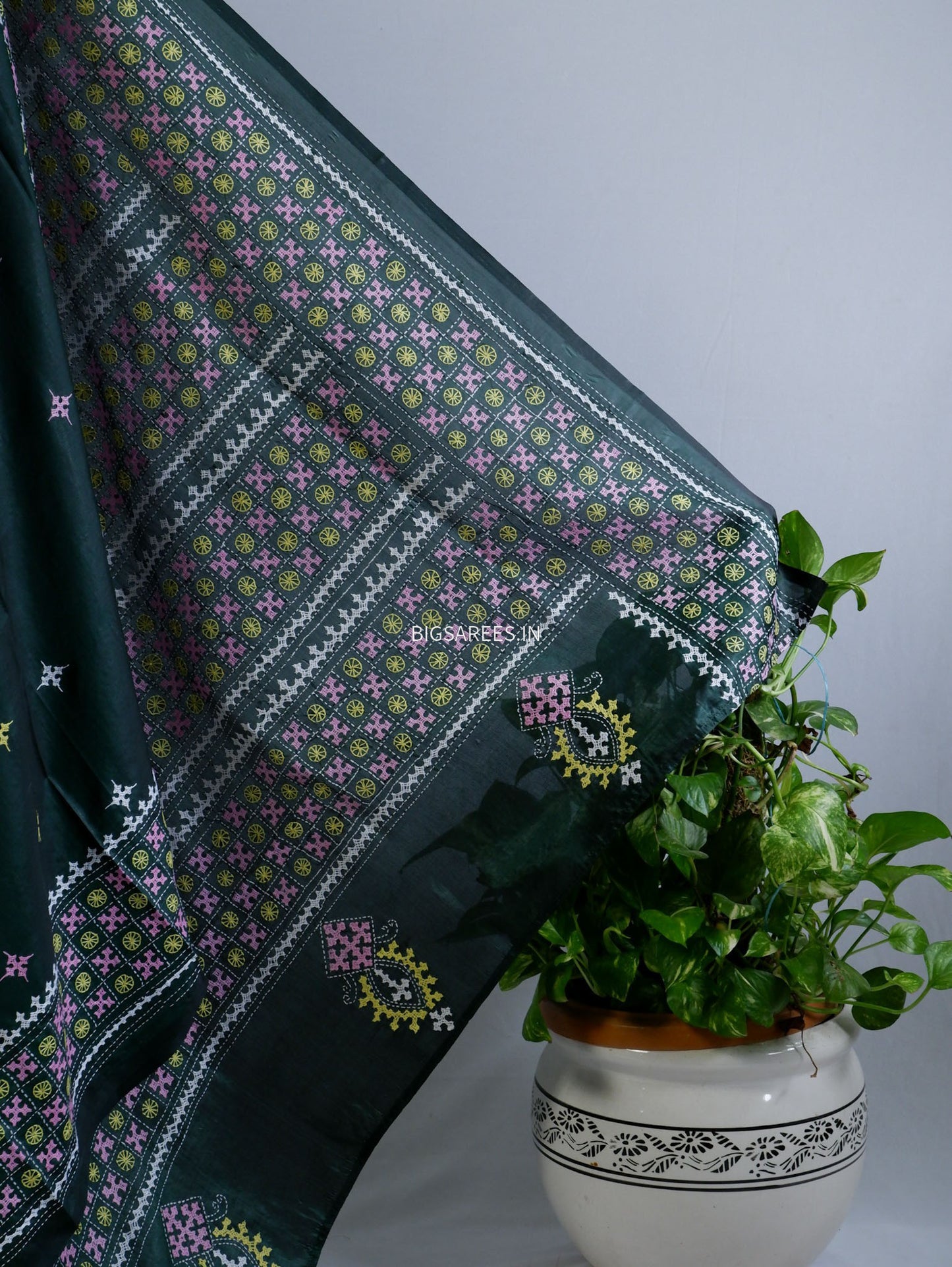 Kutchi/Gujarati Stitch Hand Embroidered Saree | Art Silk | Forest Green