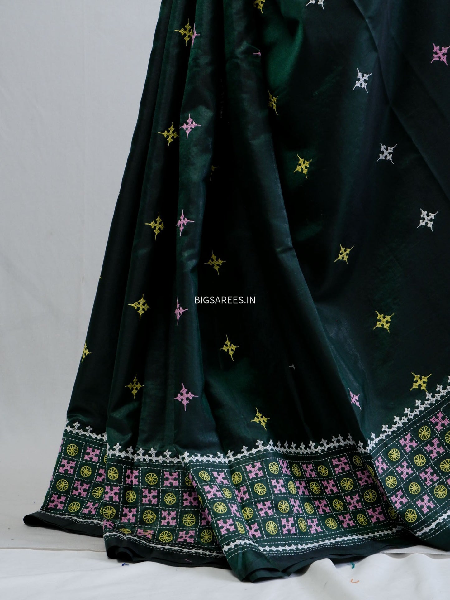 Kutchi/Gujarati Stitch Hand Embroidered Saree | Art Silk | Forest Green