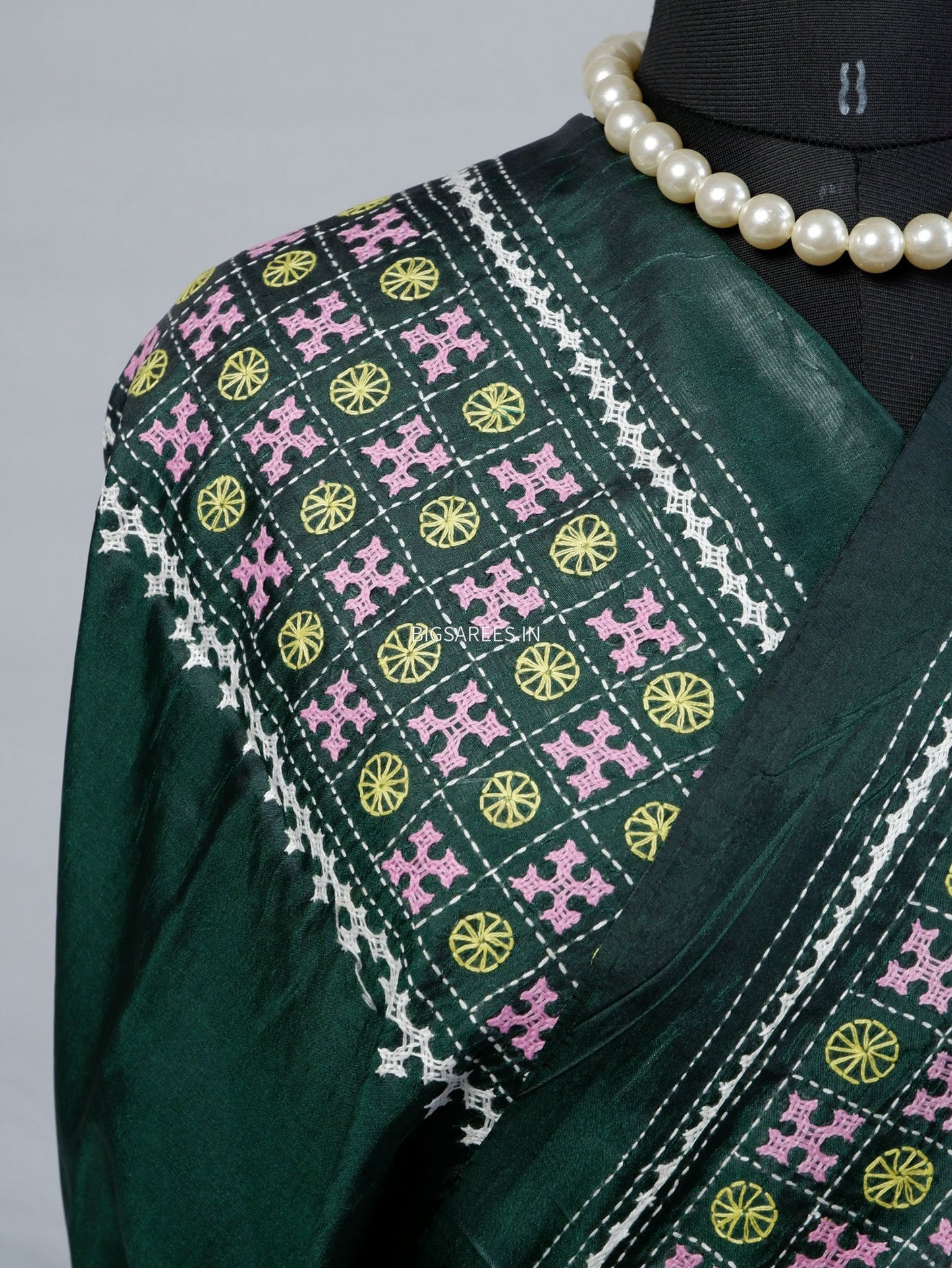 Kutchi/Gujarati Stitch Hand Embroidered Saree | Art Silk | Forest Green