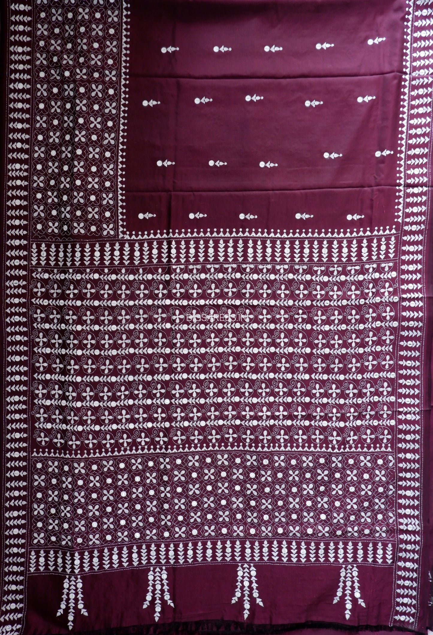Kantha Stitch Hand Embroidered Saree | Blended Bangalore Silk / Art Silk | Wine Red