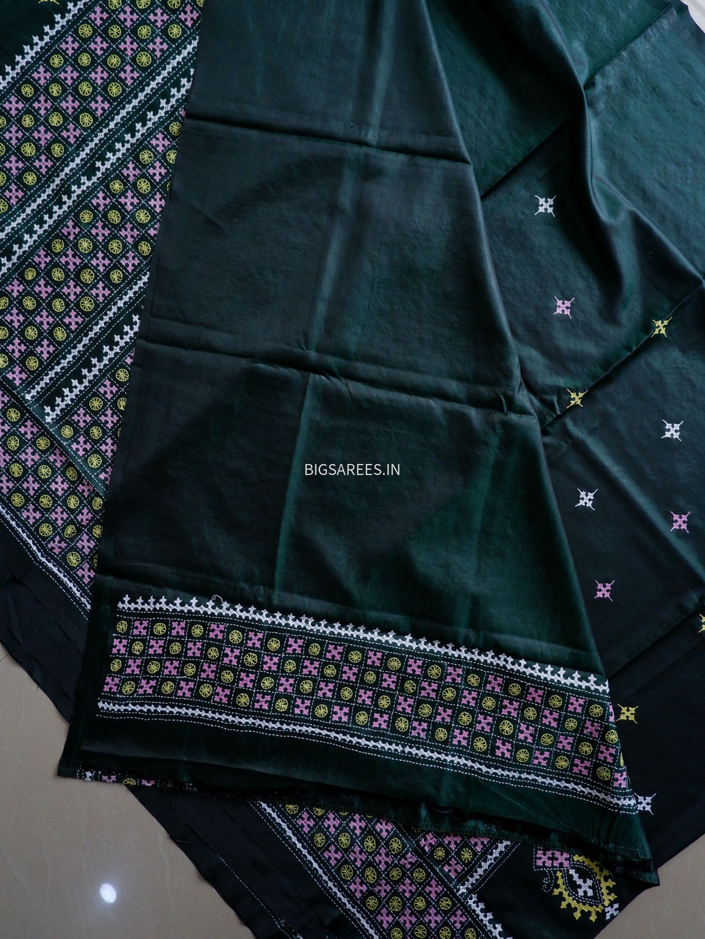 Kutchi/Gujarati Stitch Hand Embroidered Saree | Art Silk | Forest Green