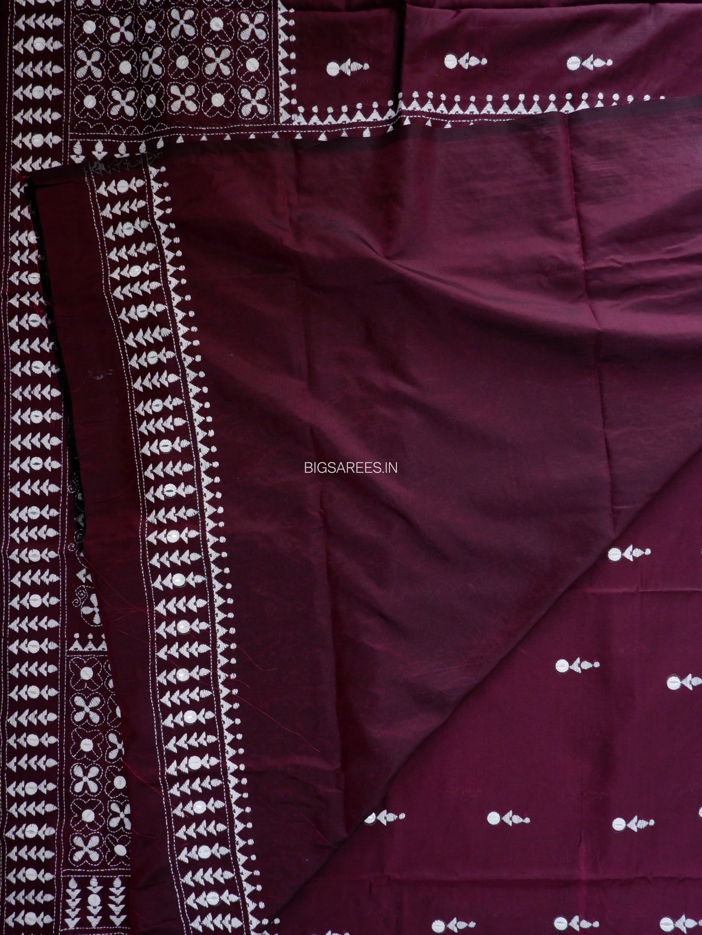 Kantha Stitch Hand Embroidered Saree | Blended Bangalore Silk / Art Silk | Wine Red