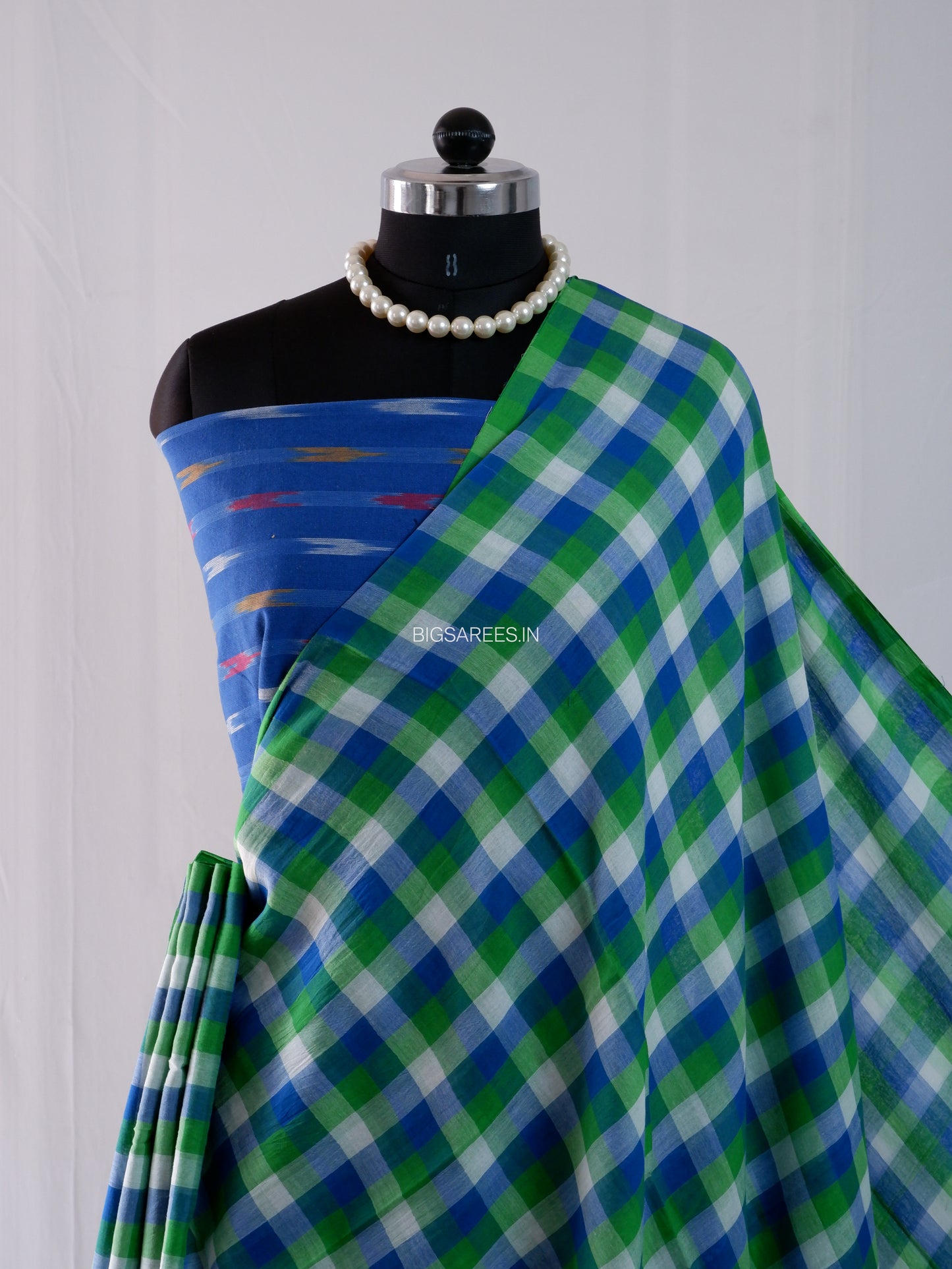 Checkered Mul Cotton Saree With Ikat Blouse | Ultra Lightweight | Green & Blue