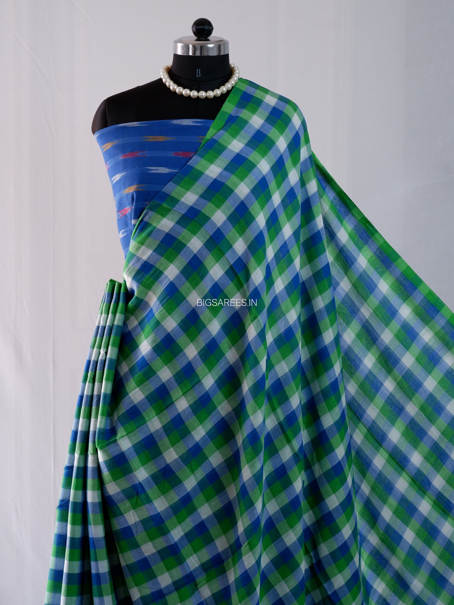 Checkered Mul Cotton Saree With Ikat Blouse | Ultra Lightweight | Green & Blue