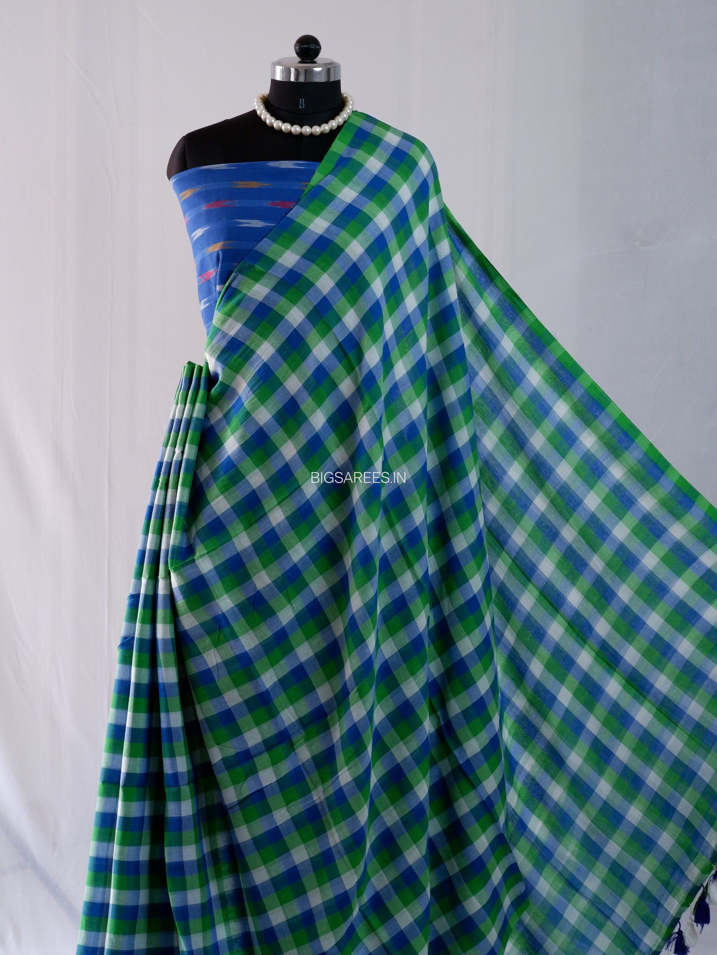 Checkered Mul Cotton Saree With Ikat Blouse | Ultra Lightweight | Green & Blue