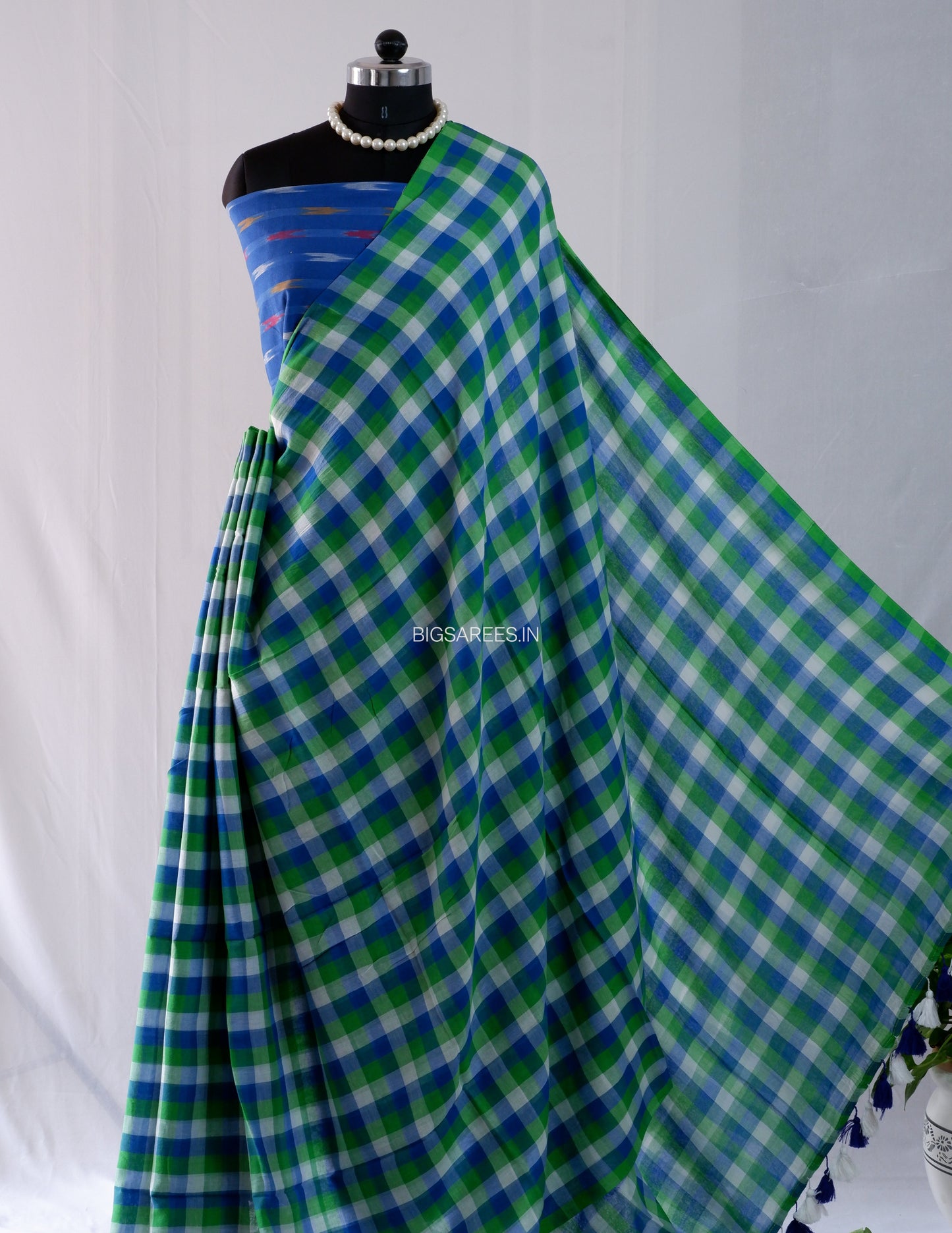Checkered Mul Cotton Saree With Ikat Blouse | Ultra Lightweight | Green & Blue
