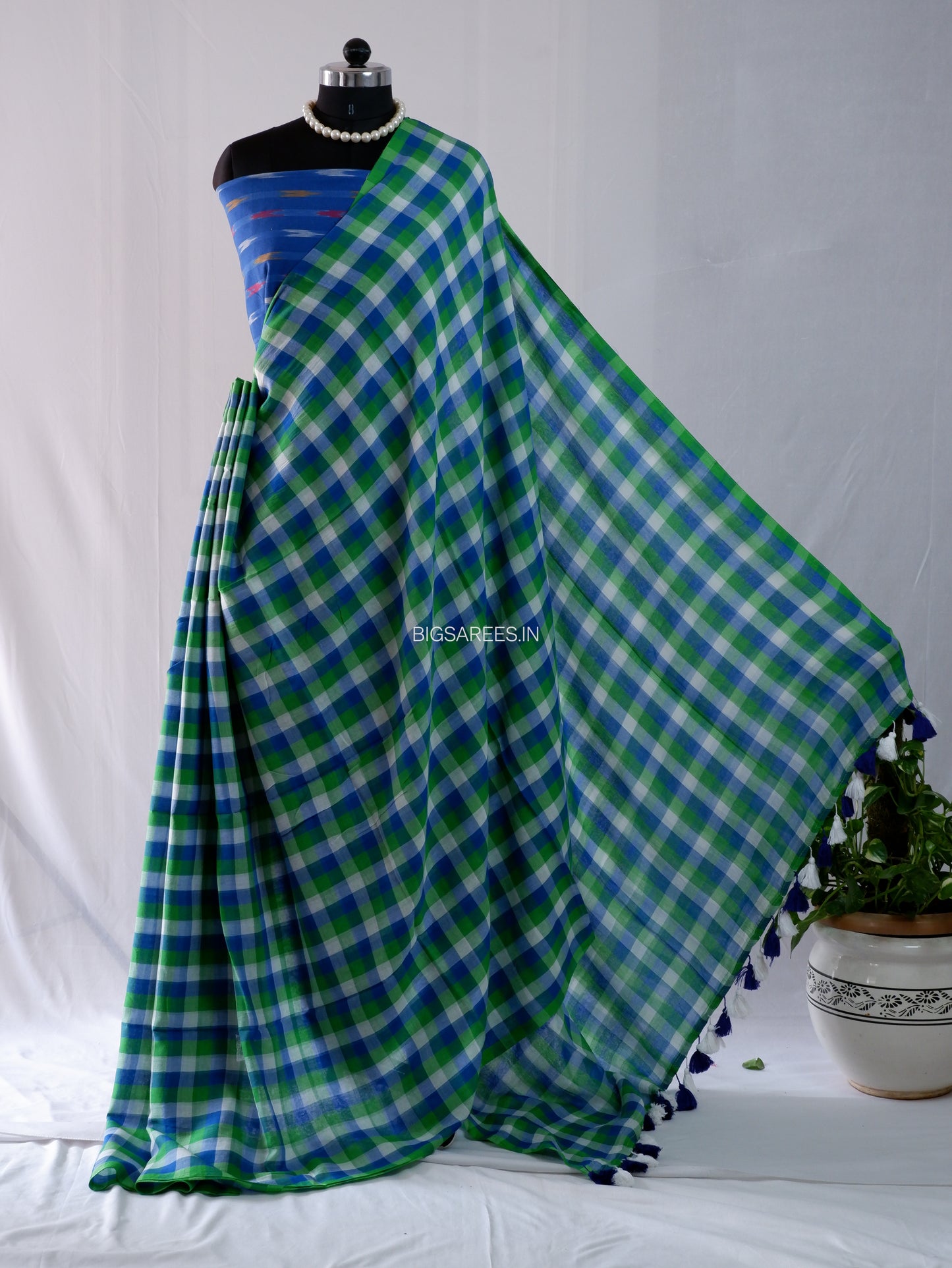 Checkered Mul Cotton Saree With Ikat Blouse | Ultra Lightweight | Green & Blue