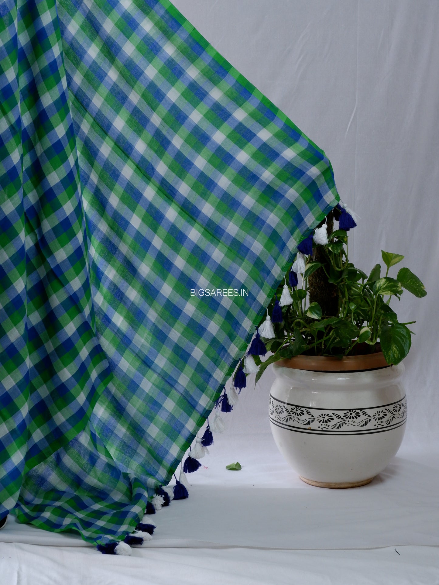 Checkered Mul Cotton Saree With Ikat Blouse | Ultra Lightweight | Green & Blue