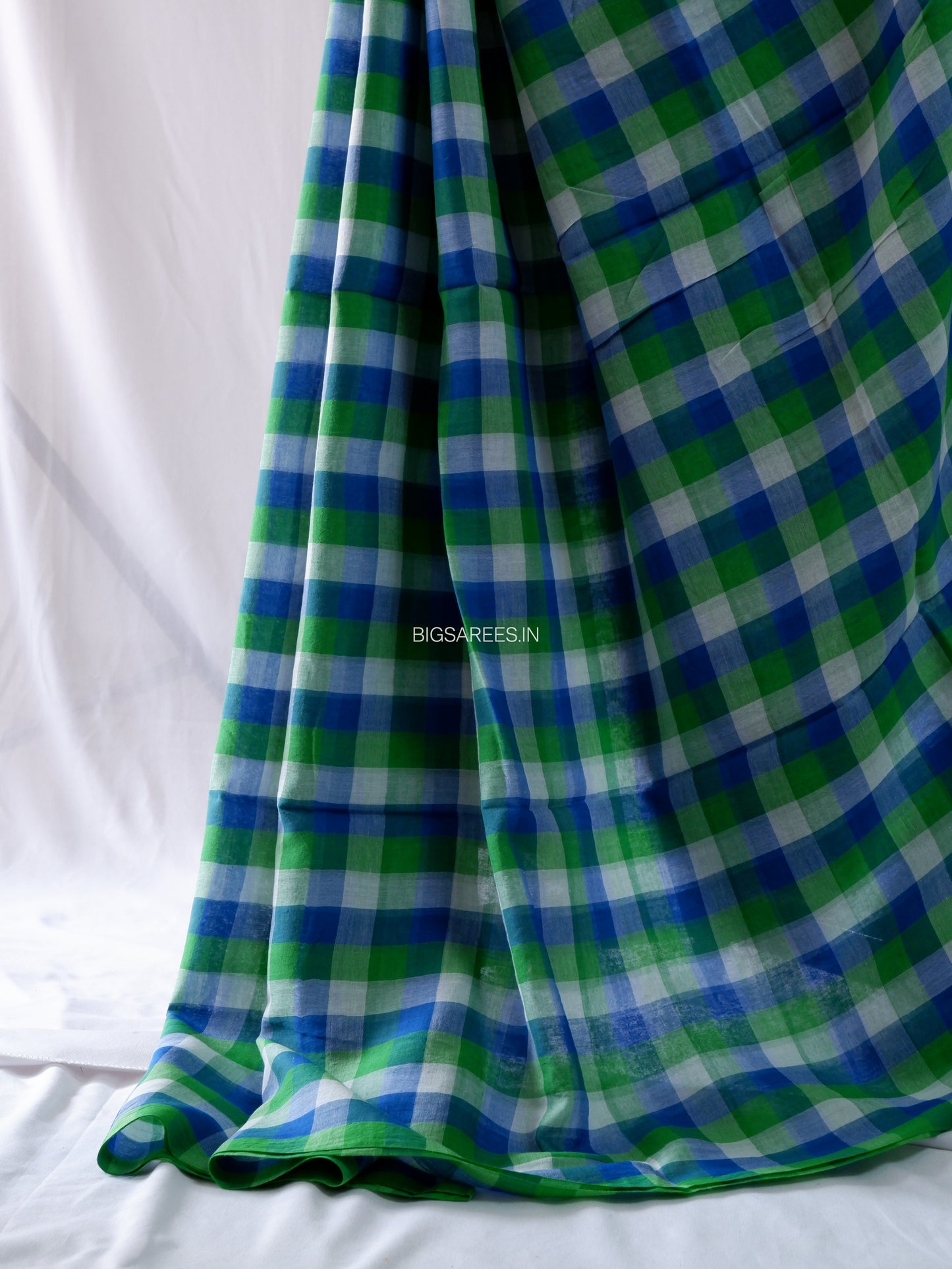 Checkered Mul Cotton Saree With Ikat Blouse | Ultra Lightweight | Green & Blue