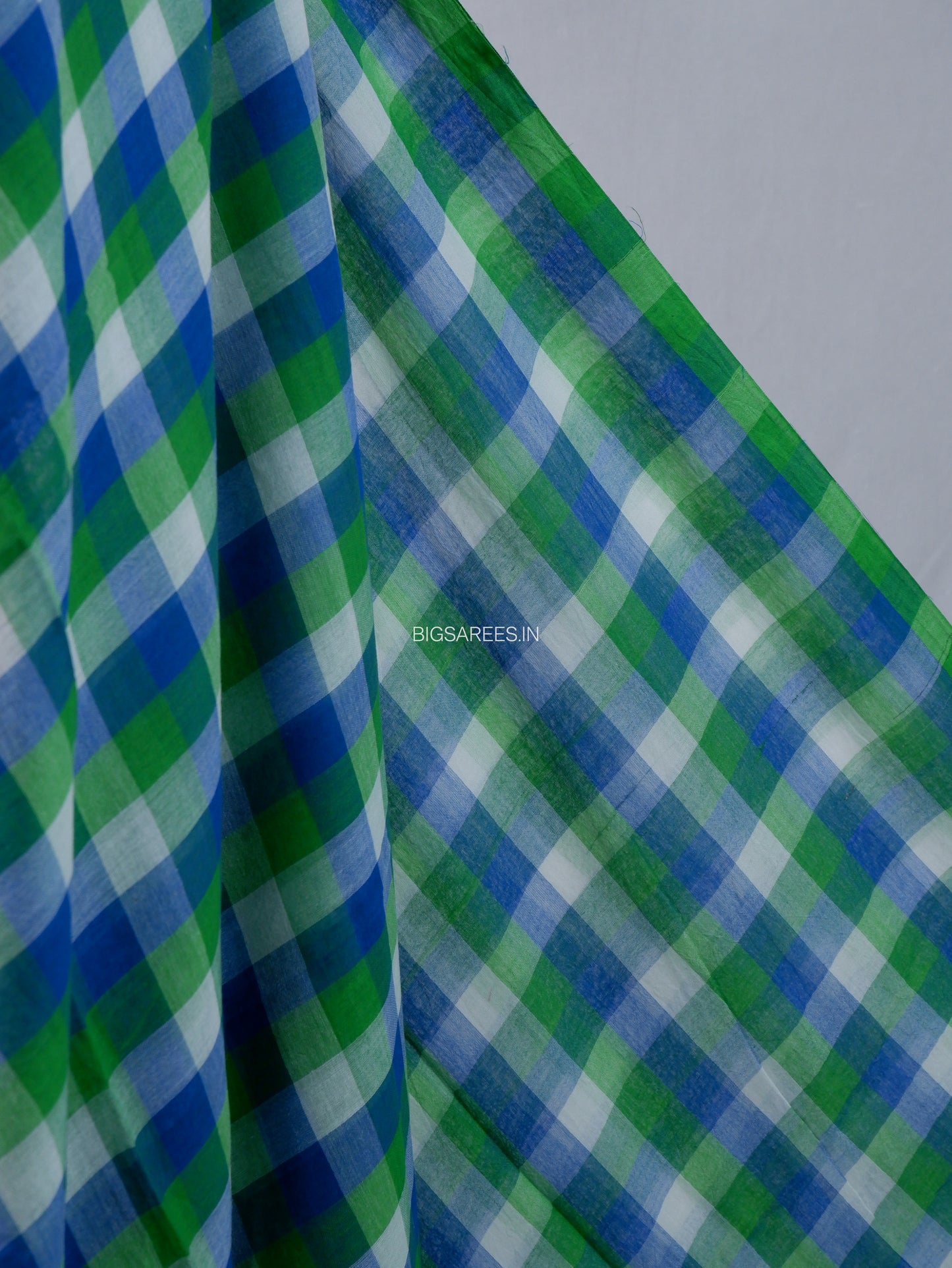Checkered Mul Cotton Saree With Ikat Blouse | Ultra Lightweight | Green & Blue