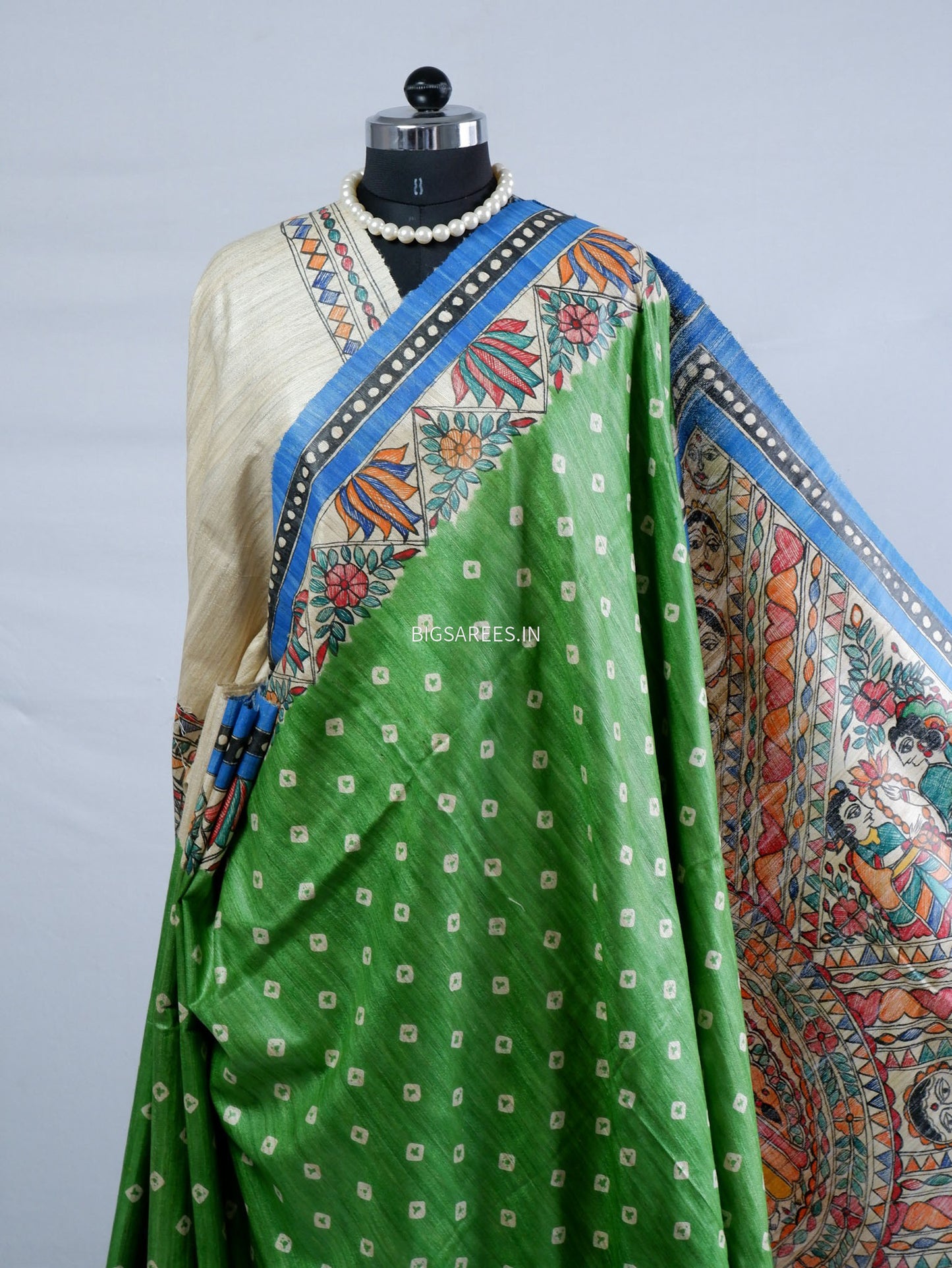 Handcrafted Madhubani Saree | Pure Tussar Ghicha Silk | Silk Mark Certified | Green