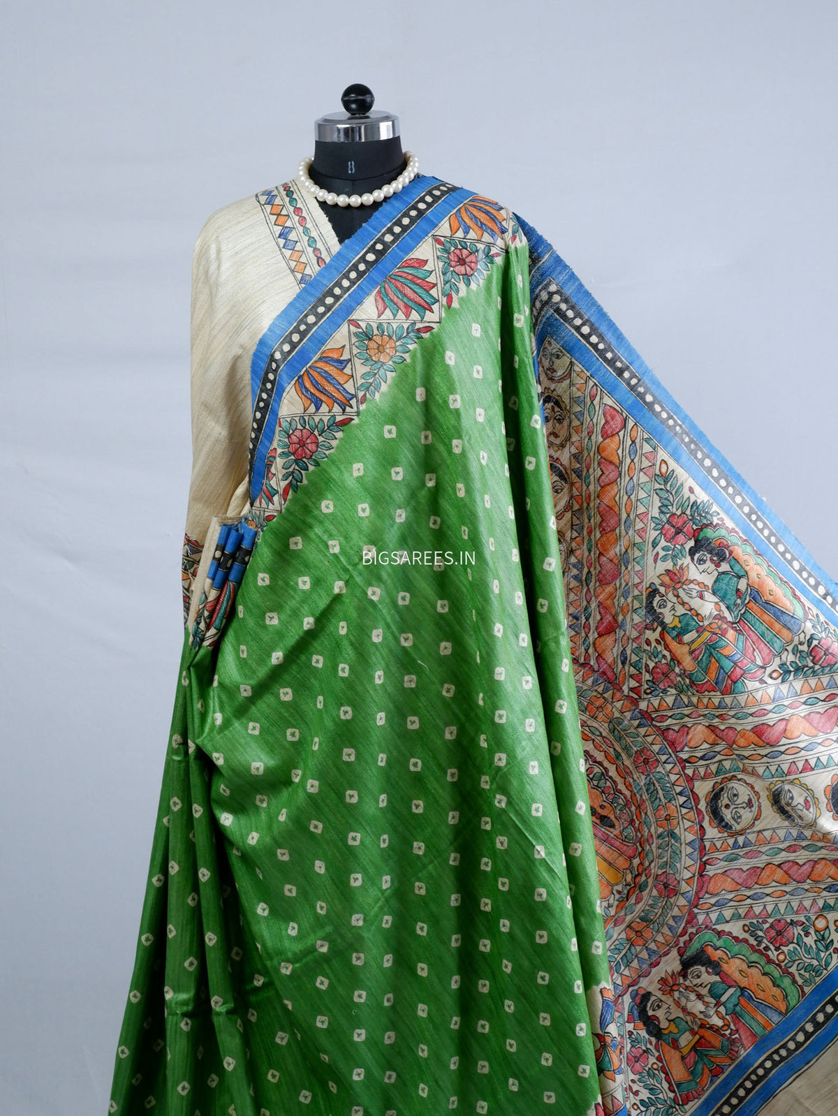 Handcrafted Madhubani Saree | Pure Tussar Ghicha Silk | Silk Mark Certified | Green