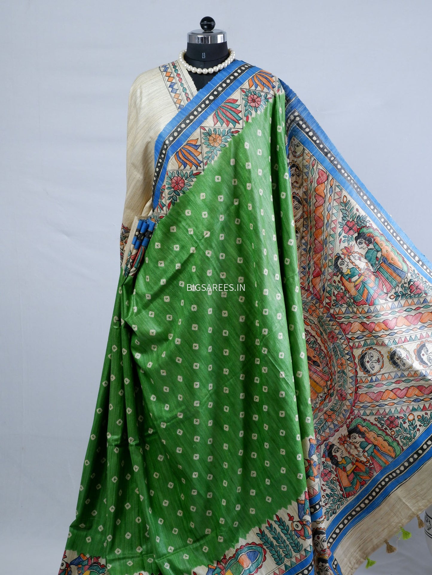 Handcrafted Madhubani Saree | Pure Tussar Ghicha Silk | Silk Mark Certified | Green