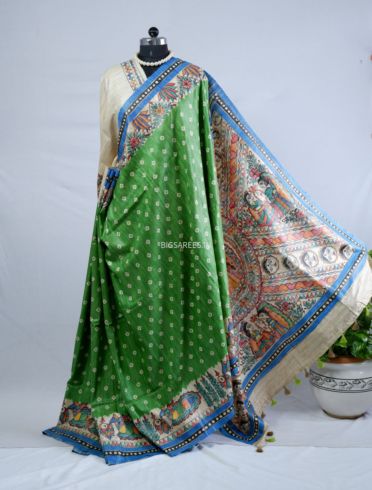 Handcrafted Madhubani Saree | Pure Tussar Ghicha Silk | Silk Mark Certified | Green