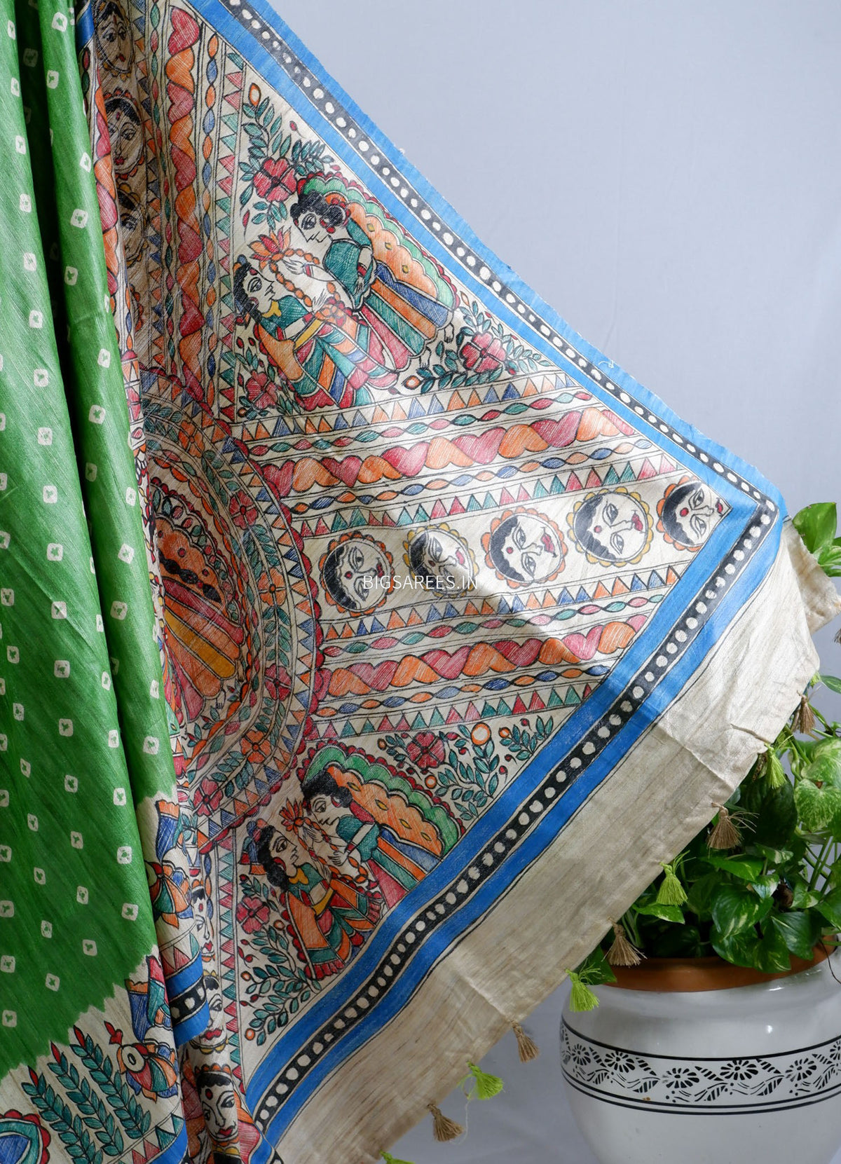 Handcrafted Madhubani Saree | Pure Tussar Ghicha Silk | Silk Mark Certified | Green