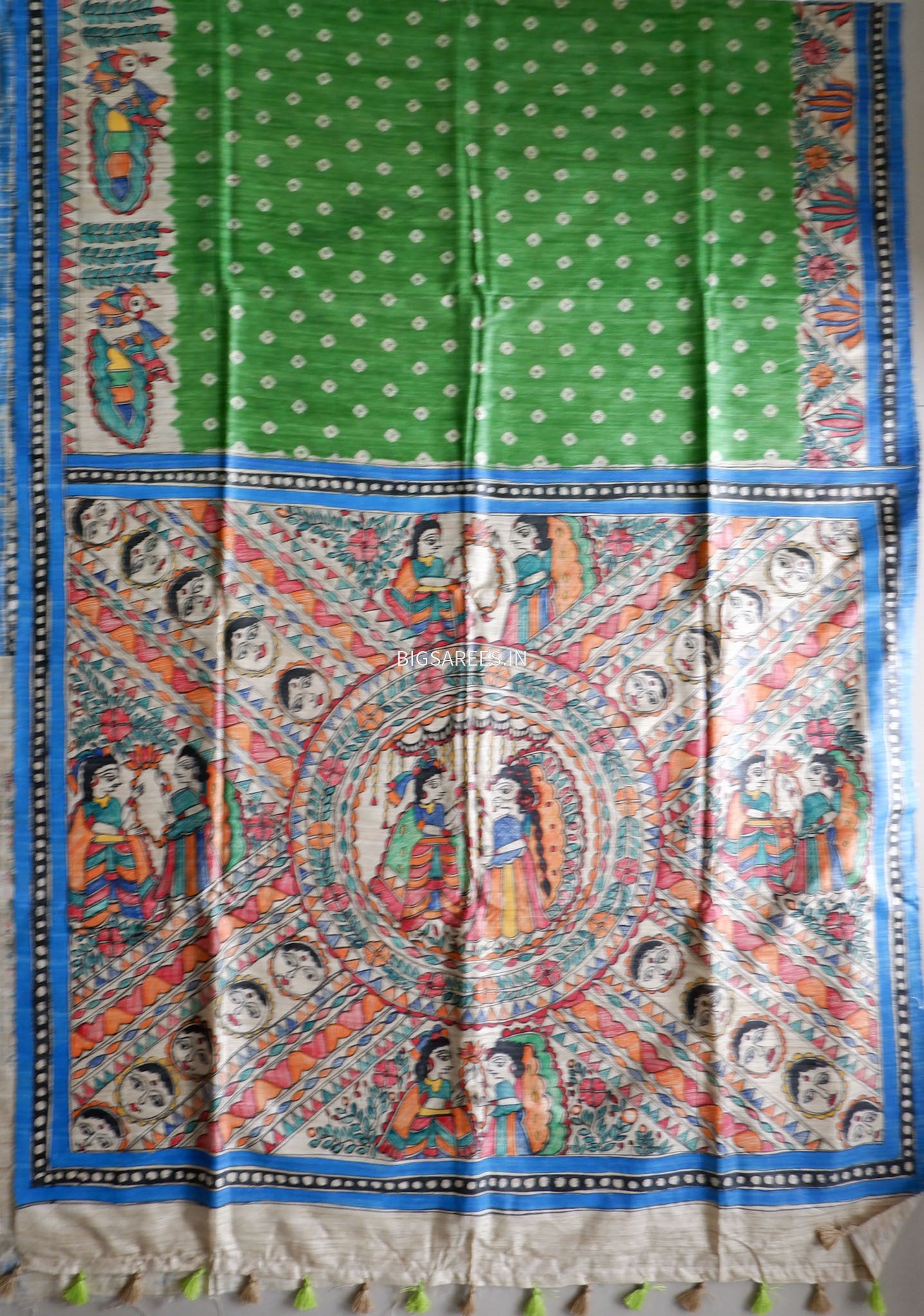 Handcrafted Madhubani Saree | Pure Tussar Ghicha Silk | Silk Mark Certified | Green