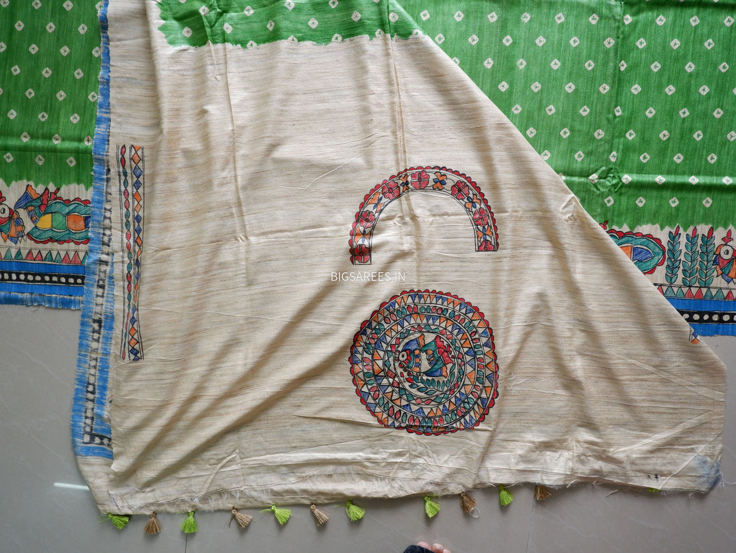Handcrafted Madhubani Saree | Pure Tussar Ghicha Silk | Silk Mark Certified | Green